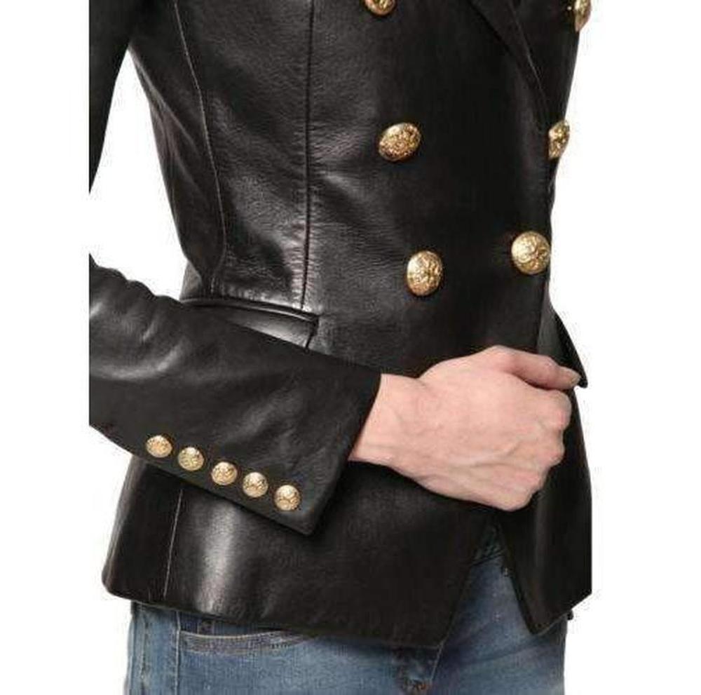 Women's Balmain Black Leather Peaked Lapel Tailored Double Breasted Blazer FR36 US2 For Sale
