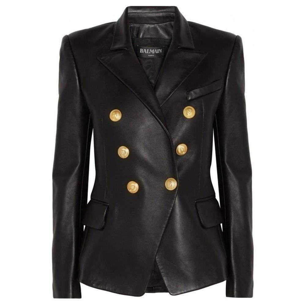 Balmain Black Leather Peaked Lapel Tailored Double Breasted Blazer FR36 US2 For Sale
