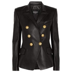 Balmain Black Leather Peaked Lapel Tailored Double Breasted Blazer FR36 US2