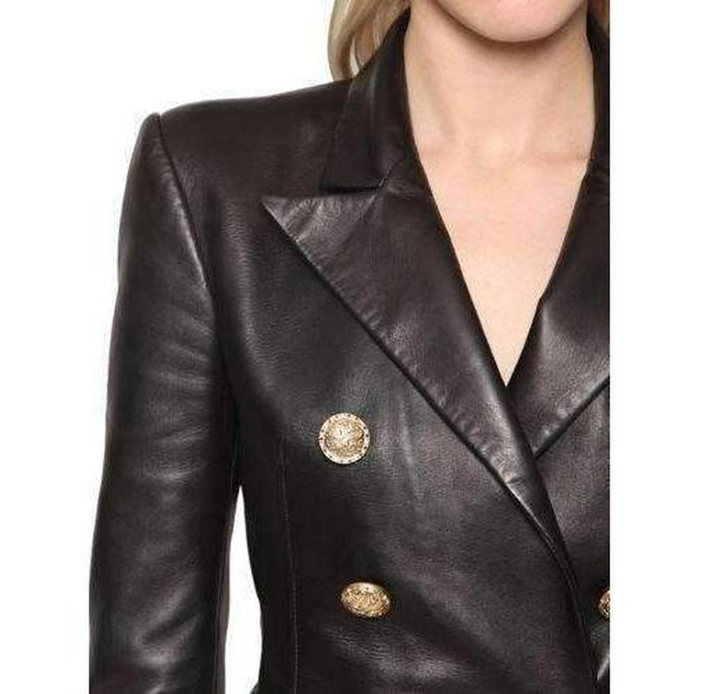 Balmain Black Leather Peaked Lapel Tailored Double Breasted Blazer FR38 US4 In New Condition For Sale In Brossard, QC