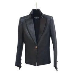 BALMAIN Black Leather Single Breasted Blazer Jacket