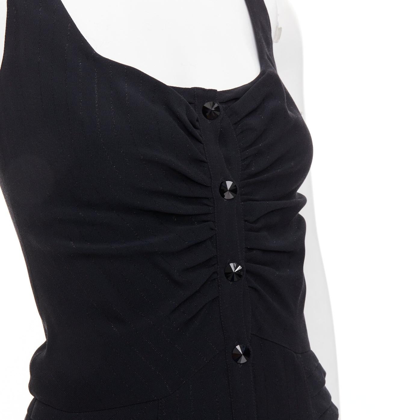 BALMAIN black lurex pinstripe ruched front scoop neck curvy mini dress FR36 S
Reference: CC/A00479
Brand: Balmain
Designer: Olivier Rousteing
Material: Acetate, Blend
Color: Black
Pattern: Pinstriped
Closure: Button
Lining: Black Fabric
Extra