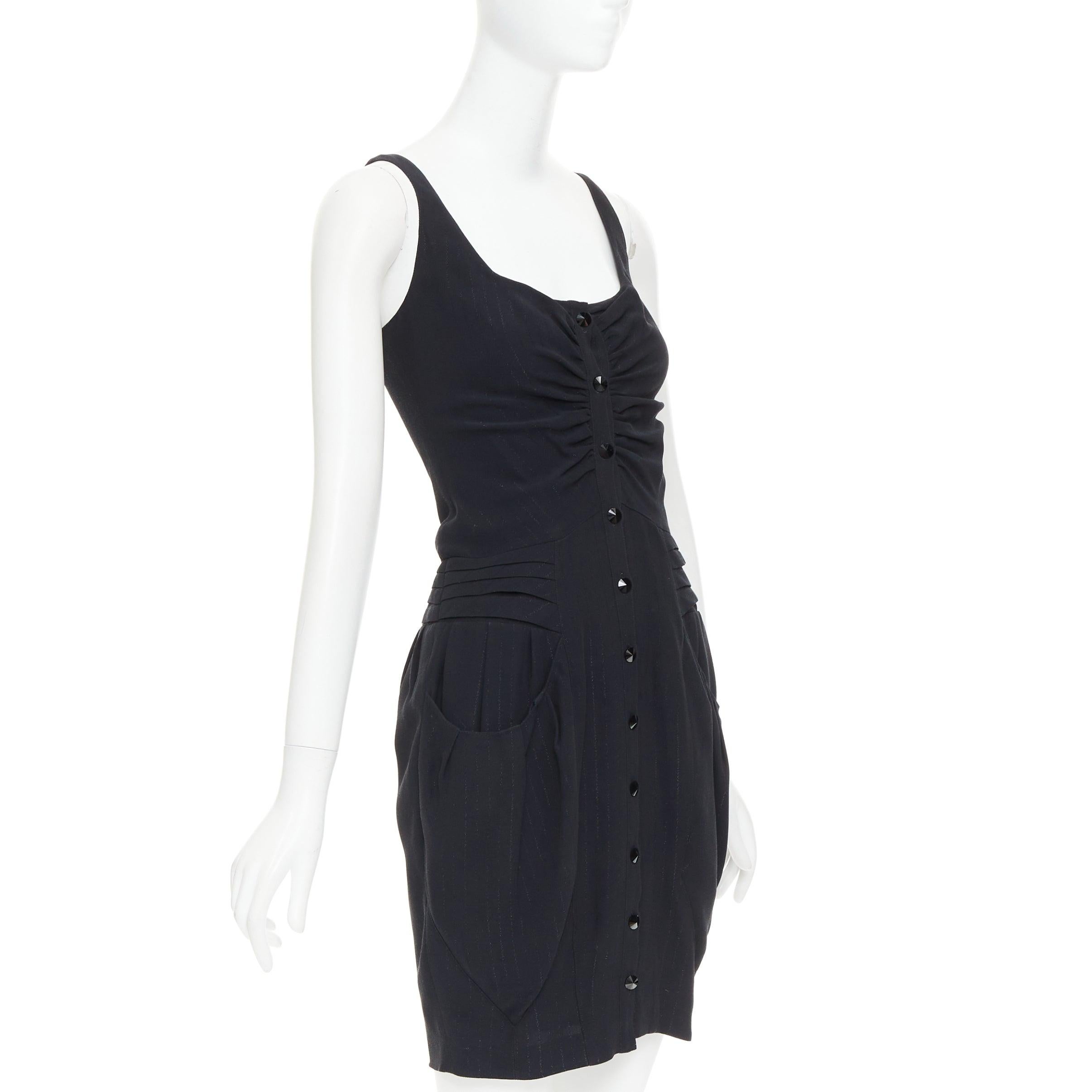 Black BALMAIN black lurex pinstripe ruched front scoop neck curvy mini dress FR36 S For Sale