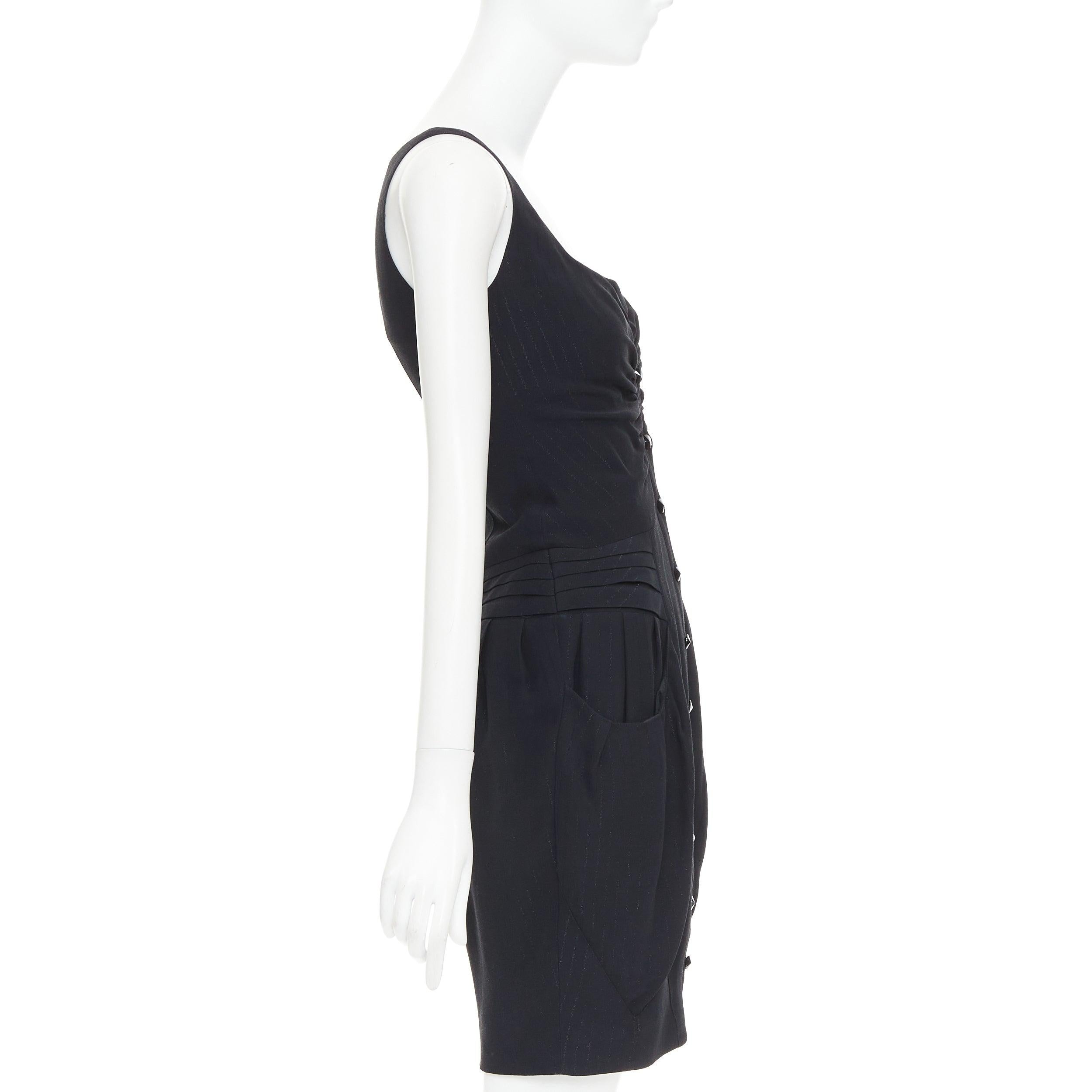 BALMAIN black lurex pinstripe ruched front scoop neck curvy mini dress FR36 S In Good Condition For Sale In Hong Kong, NT