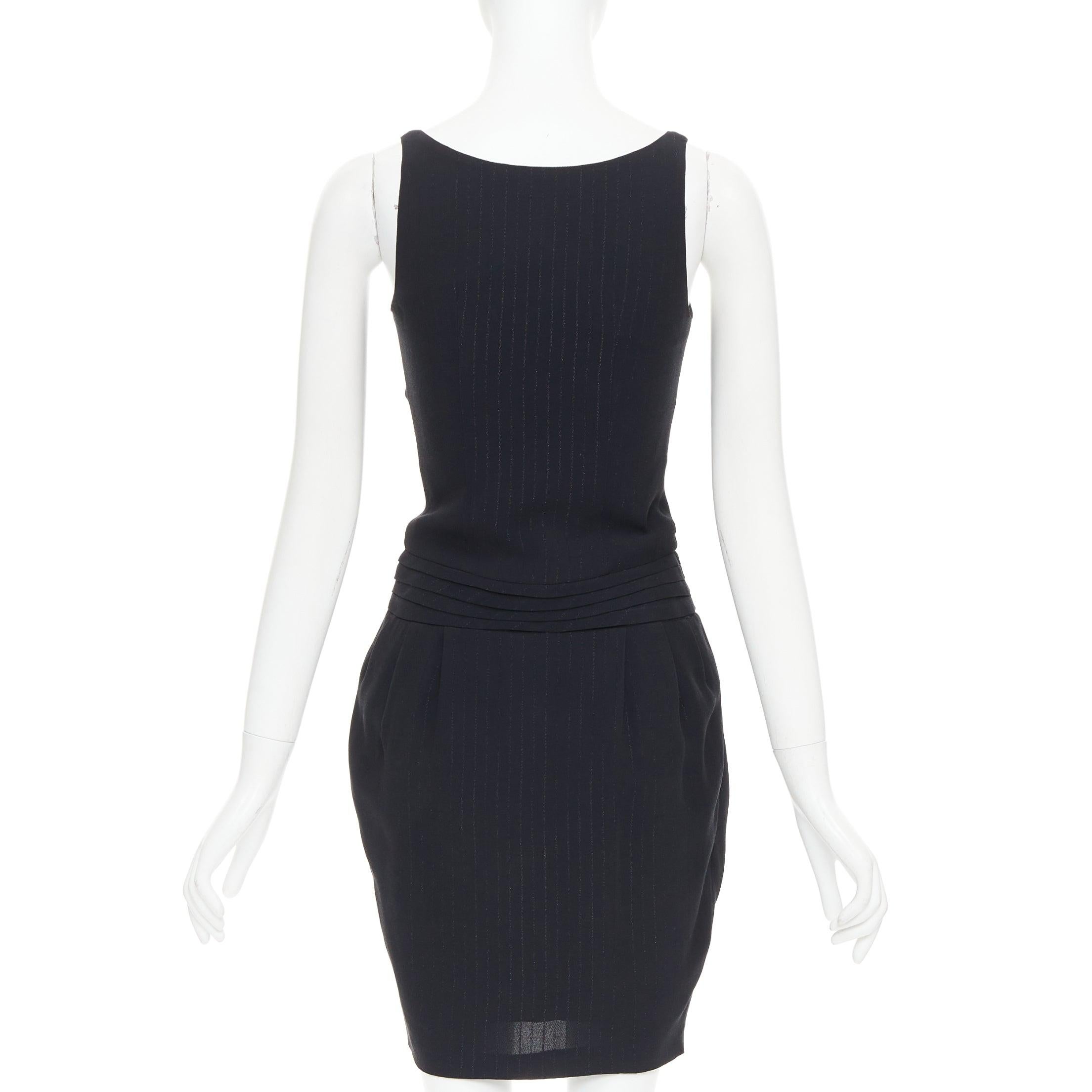 Women's BALMAIN black lurex pinstripe ruched front scoop neck curvy mini dress FR36 S For Sale