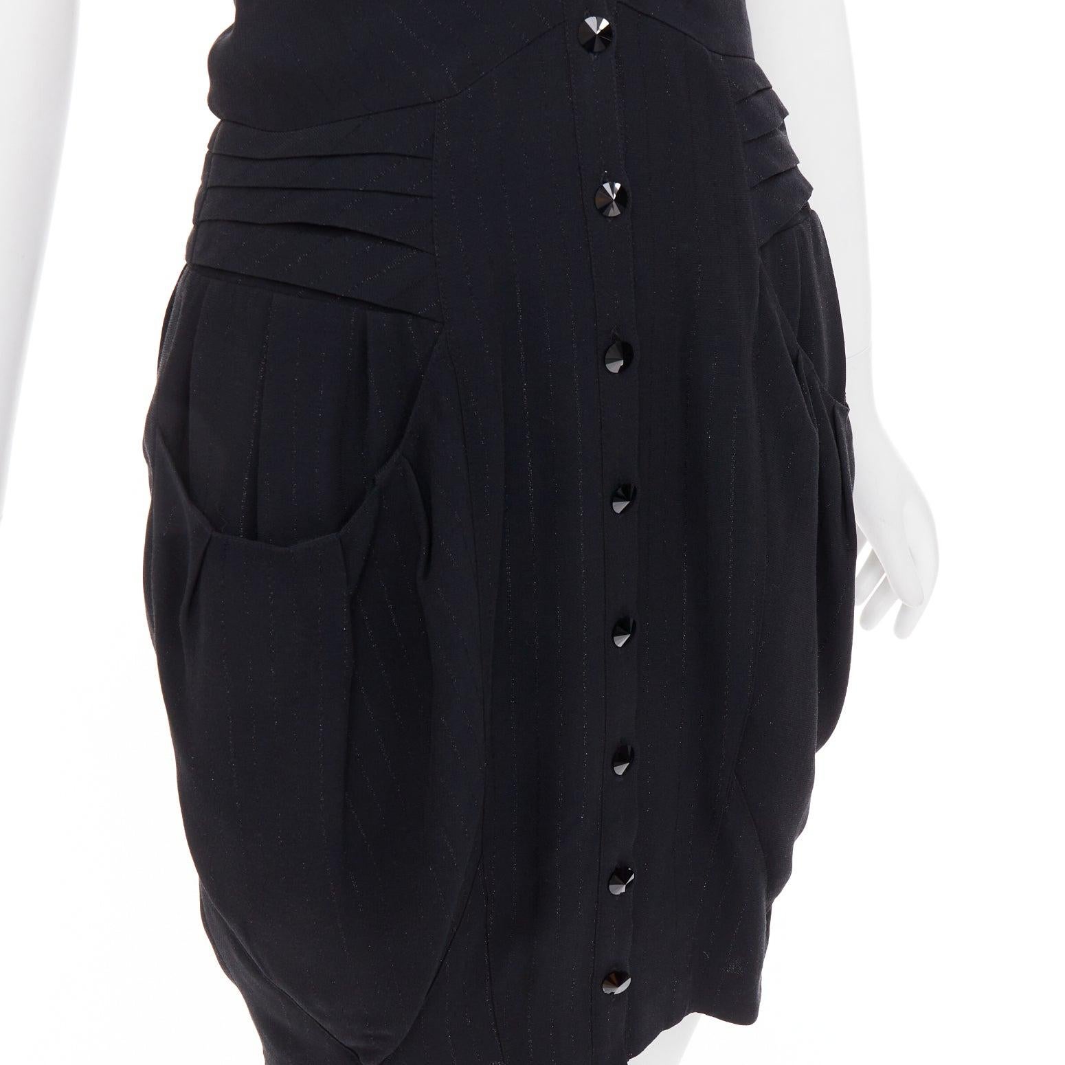 BALMAIN black lurex pinstripe ruched front scoop neck curvy mini dress FR36 S For Sale 2