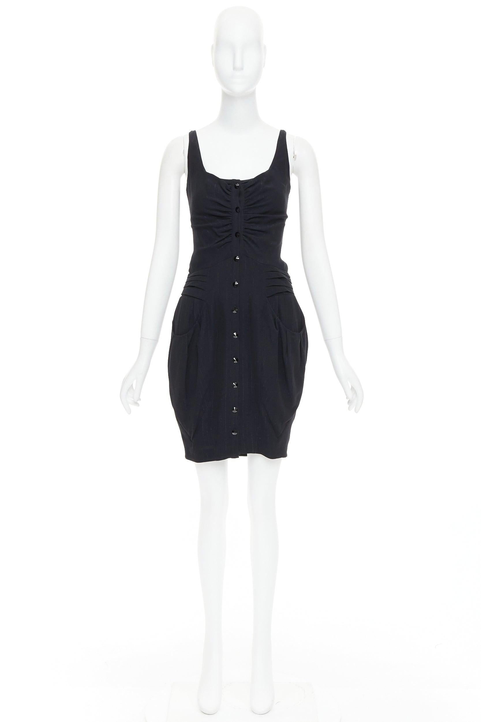BALMAIN black lurex pinstripe ruched front scoop neck curvy mini dress FR36 S For Sale 4