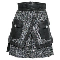 Balmain Black Mesh and Leather Sequin Embellished Asymmetric Skirt M