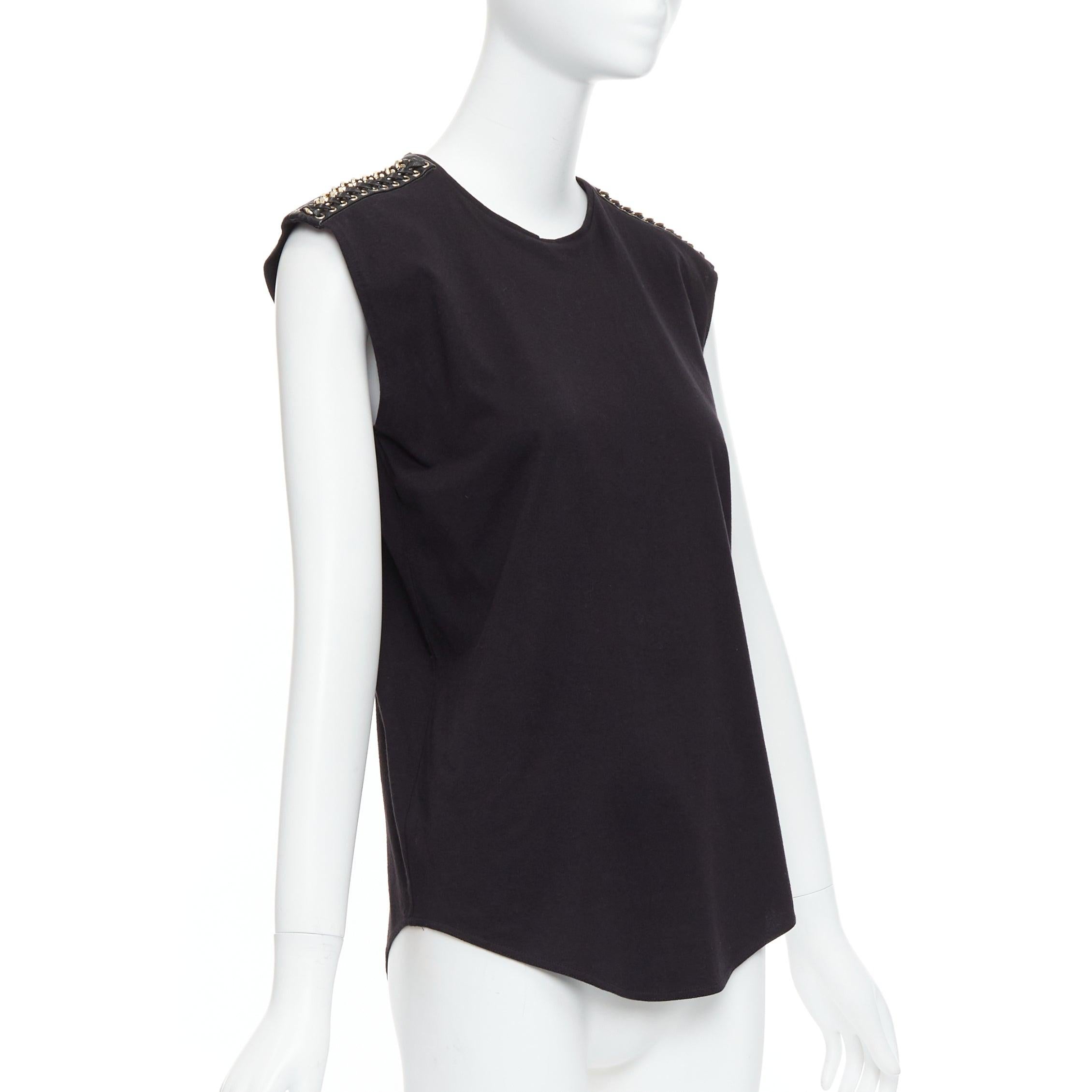 Black BALMAIN black metal chain lamb leather trim cotton tank top FR40 L For Sale