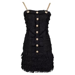 Balmain Black Mini Dress with Gold Straps and Fringe Detail, Size S