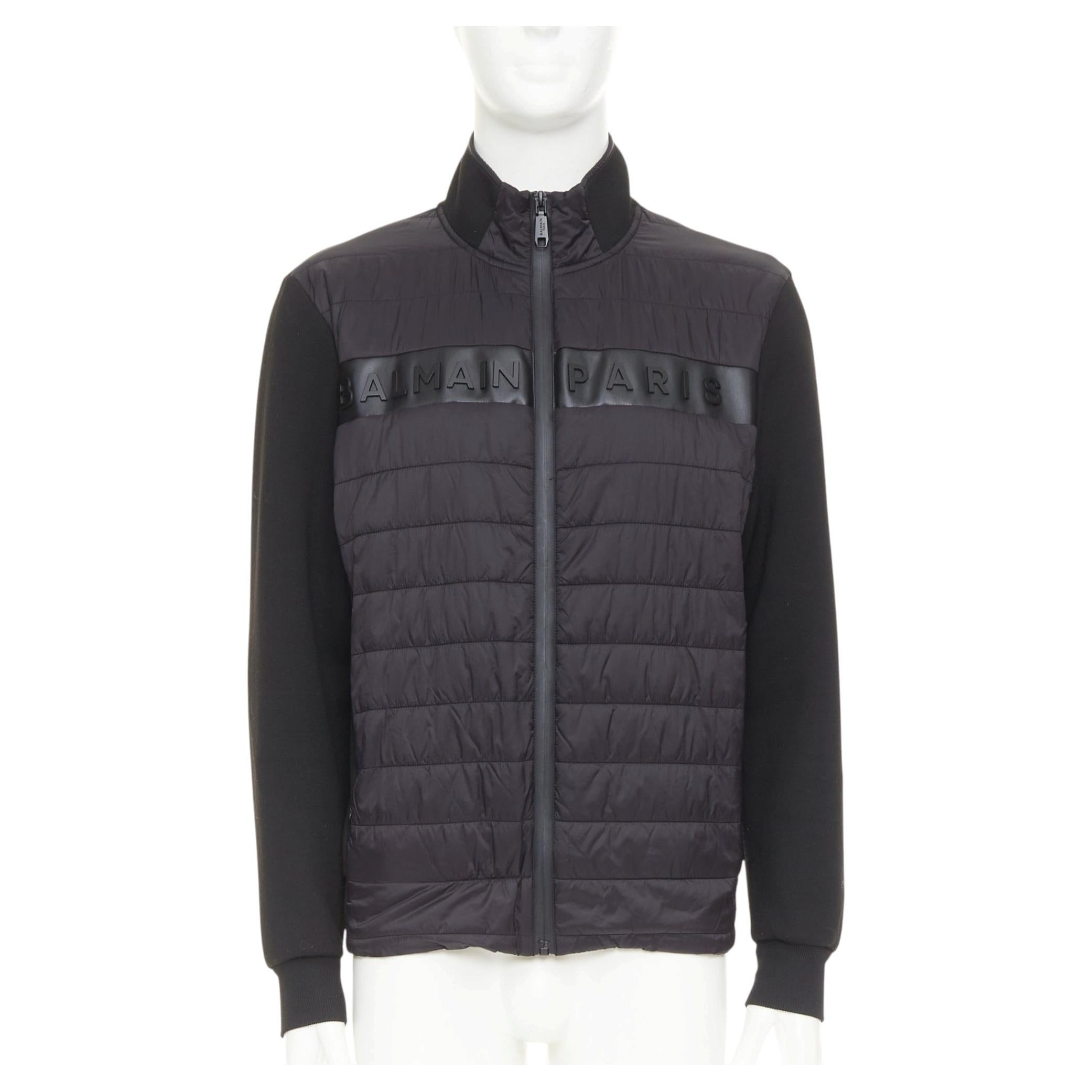 BALMAIN black mixed quilted puffer logo neoprene sleeves zip up jacket EU50 L