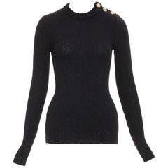 BALMAIN black mohair blend gold lion button crew neck long sleeve sweater FR34