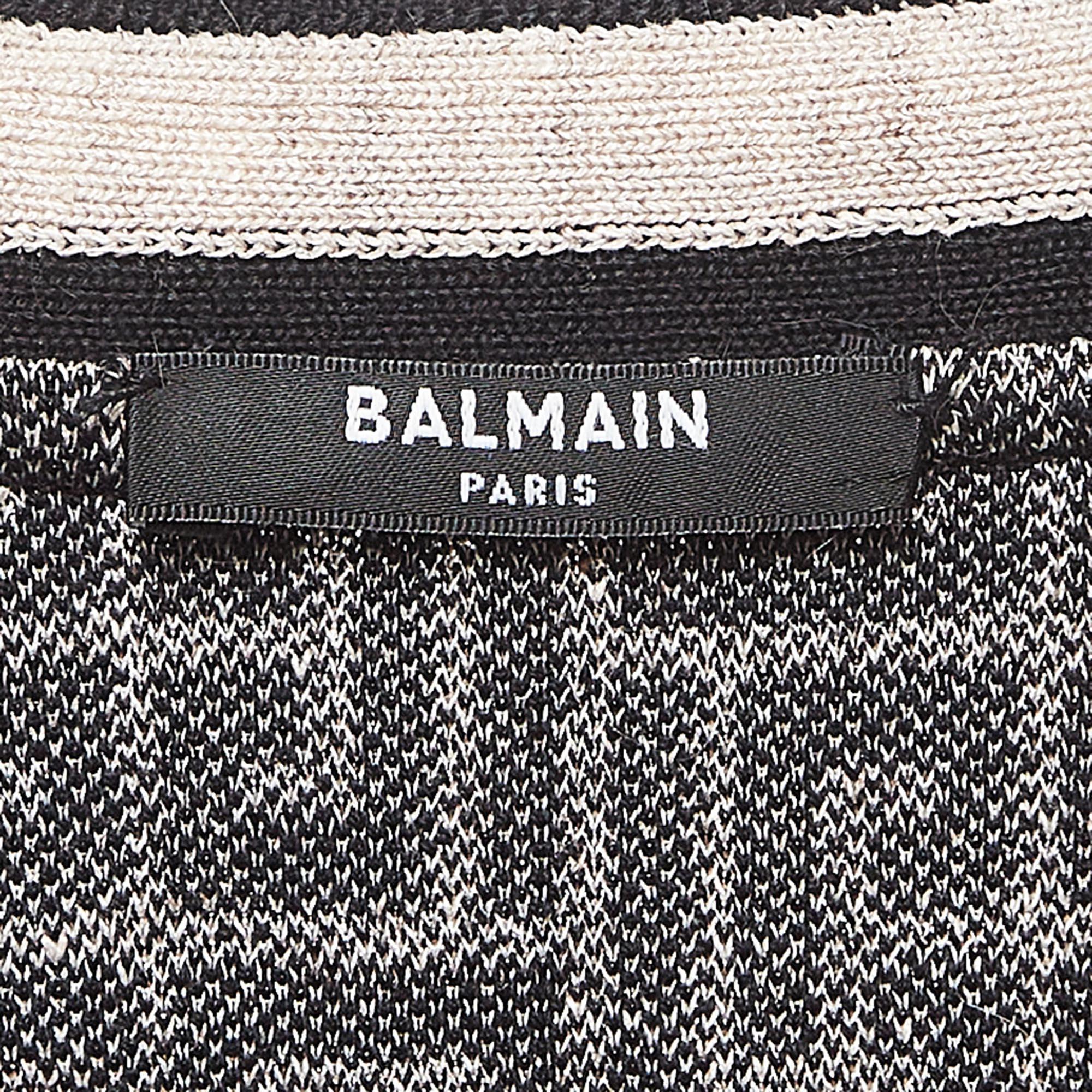 Balmain Black Monogram Jacquard Knit Belted Cardigan S For Sale 1