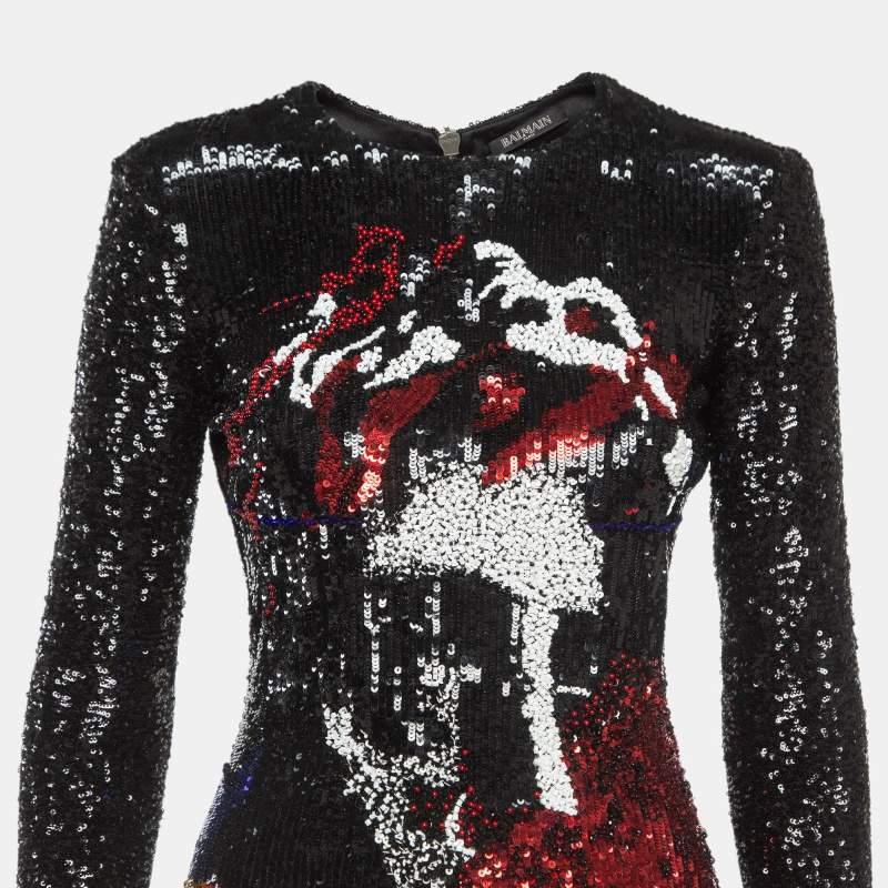 Balmain Black Multicolor Sequin Embellished Mini Dress M In Good Condition For Sale In Dubai, Al Qouz 2
