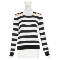 BALMAIN black off white bold stripes gold lion buttons square neck pullover FR36