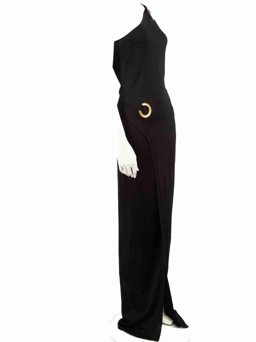 CONDITION is Very good. Minimal wear to dress is evident. Minimal pull thread to rear right hem on this used Balmain designer resale item.
 
 
 
 Details
 
 
 Black
 
 Viscose
 
 Dress
 
 One shoulder
 
 Sleeveless
 
 Maxi
 
 Gold ring buckle
 
