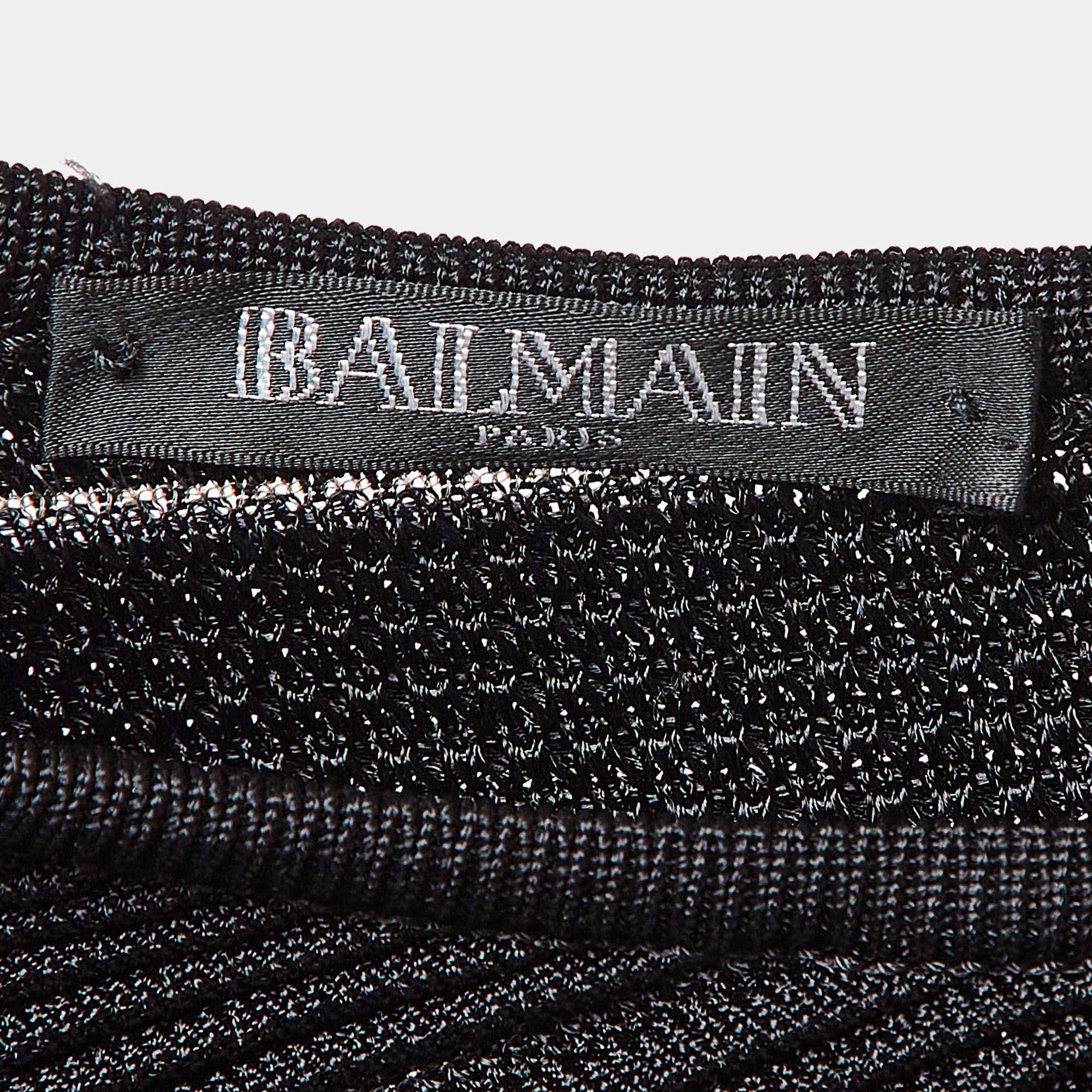 Balmain Schwarzes langärmeliges Minikleid aus offenem Strick L Damen im Angebot