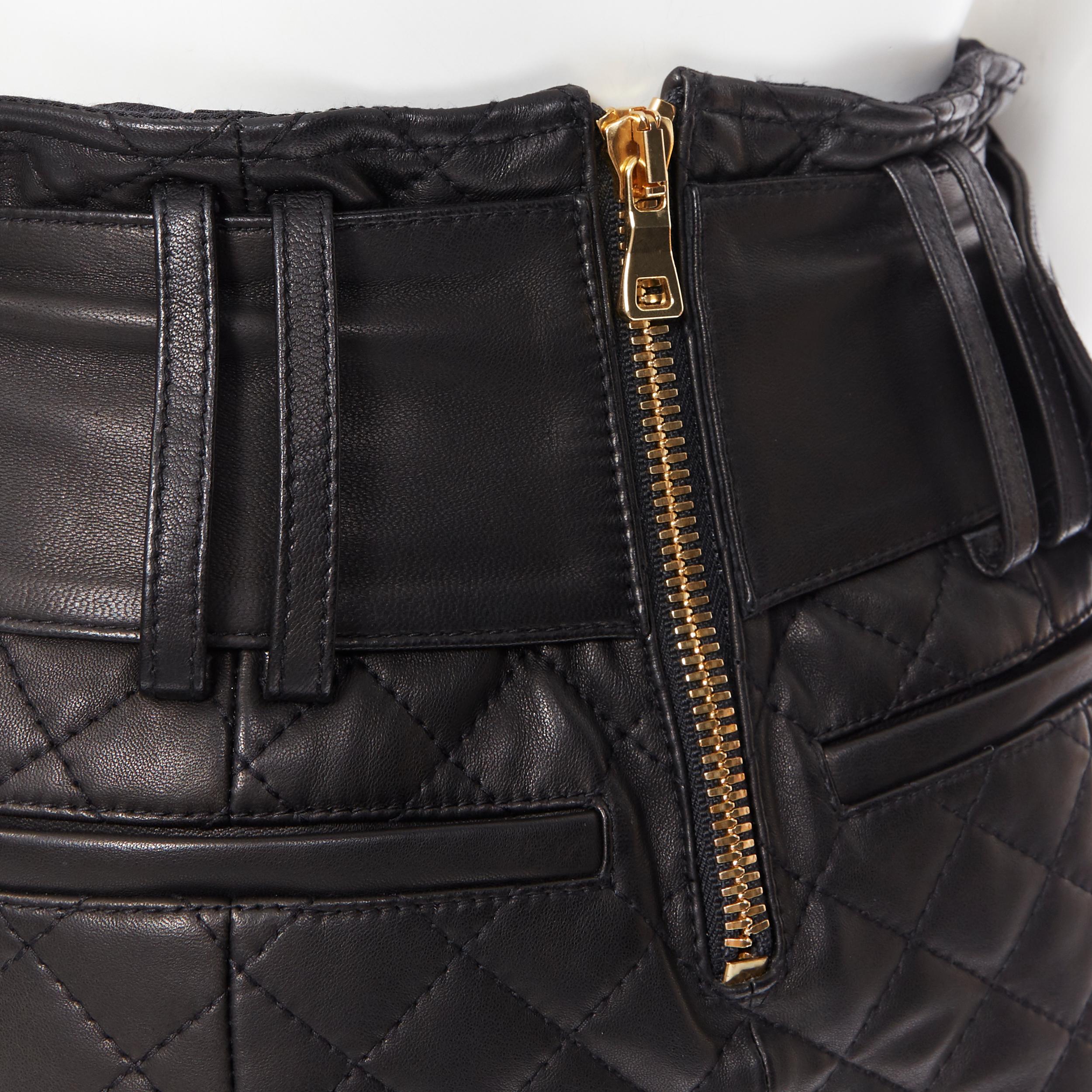 BALMAIN black quilted lamb leather gold large buckle military mini skirt FR34 XS 4