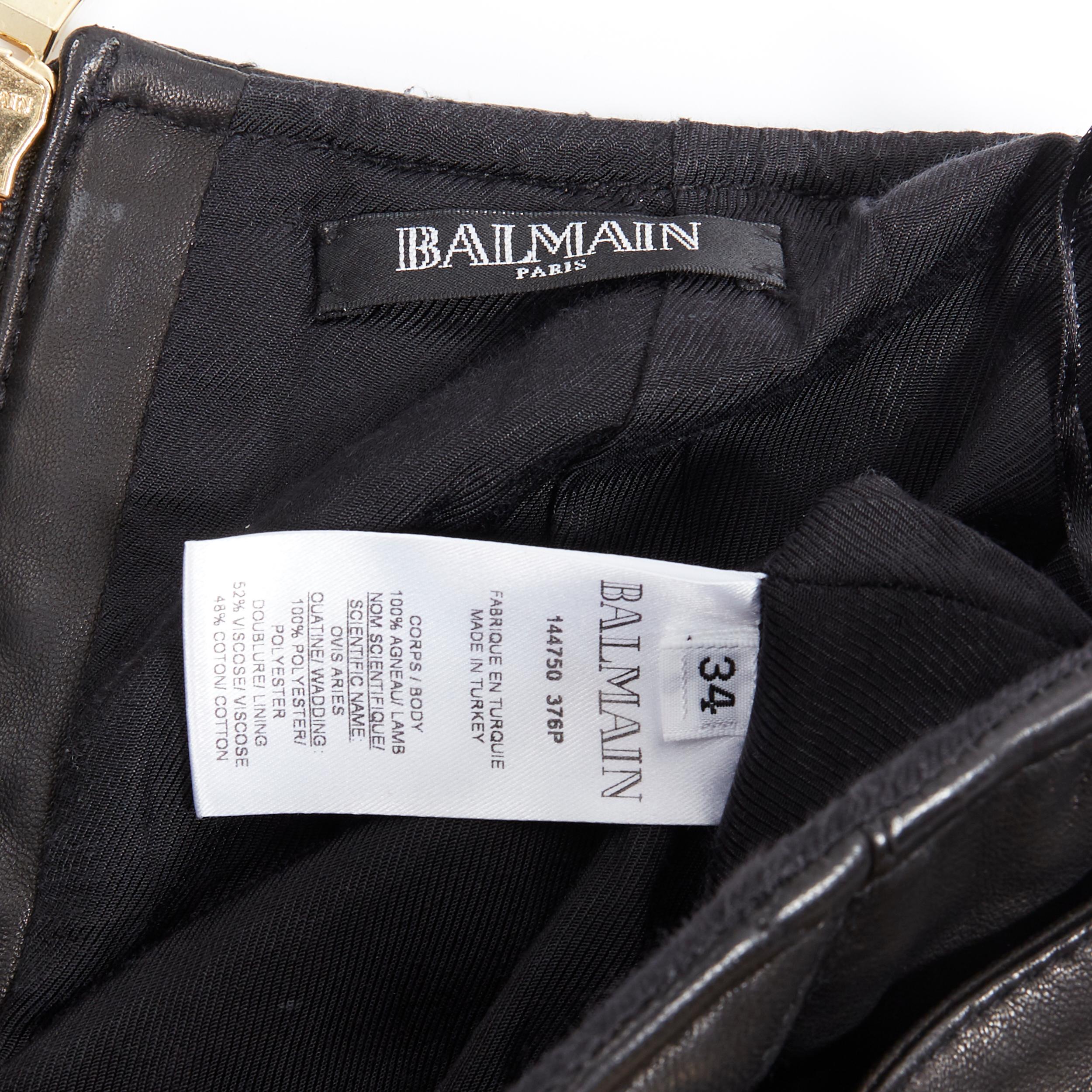 BALMAIN black quilted lamb leather gold large buckle military mini skirt FR34 XS 5