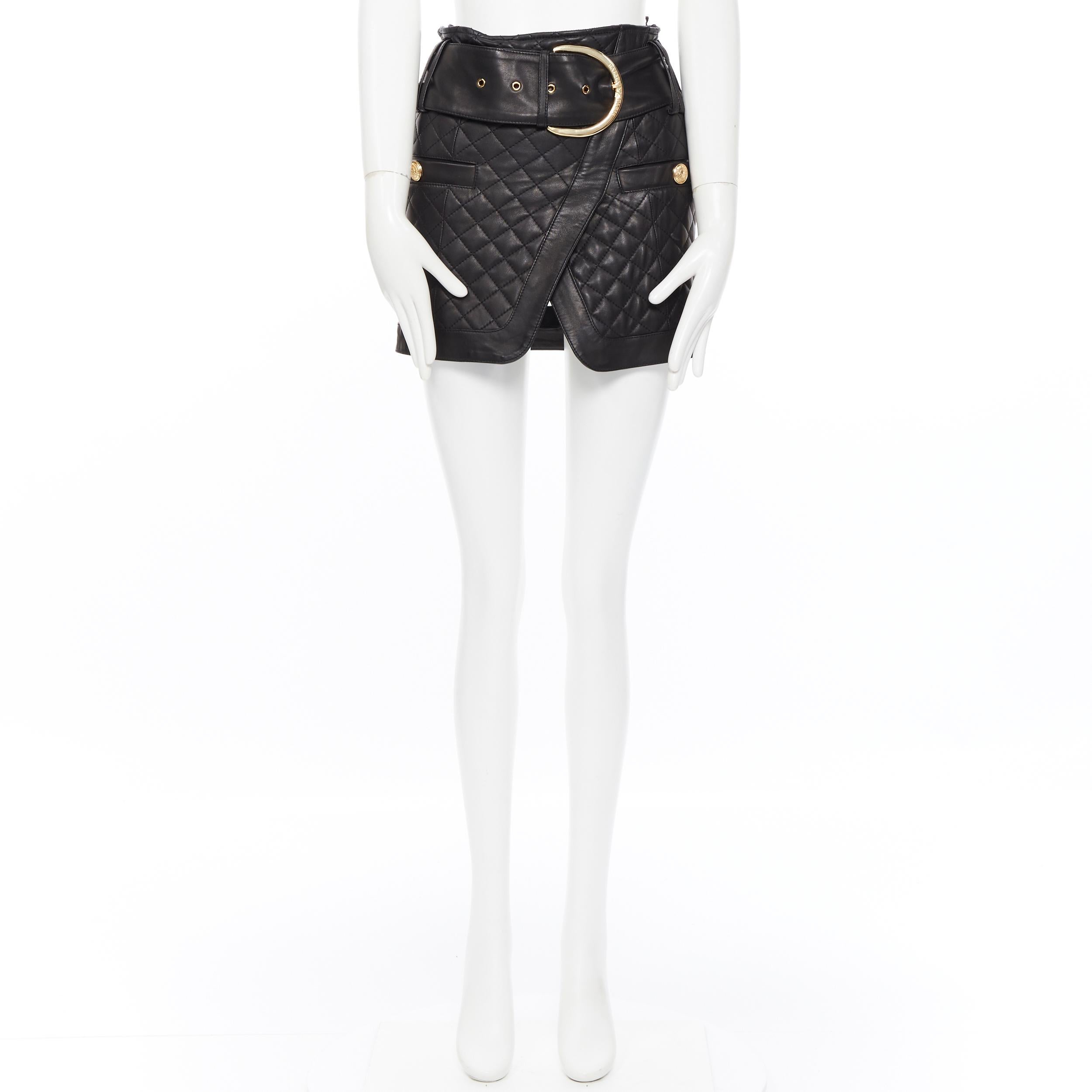 BALMAIN black quilted lamb leather gold large buckle military mini skirt FR34 XS
Brand: Balmain
Designer: Olivier Rousteing
Model Name / Style: Leather skirt
Material: Leather
Color: Black
Pattern: Solid
Closure: Zip
Lining material: Fabric
Extra