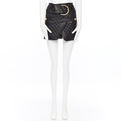 BALMAIN black quilted lamb leather gold large buckle military mini skirt FR34 XS