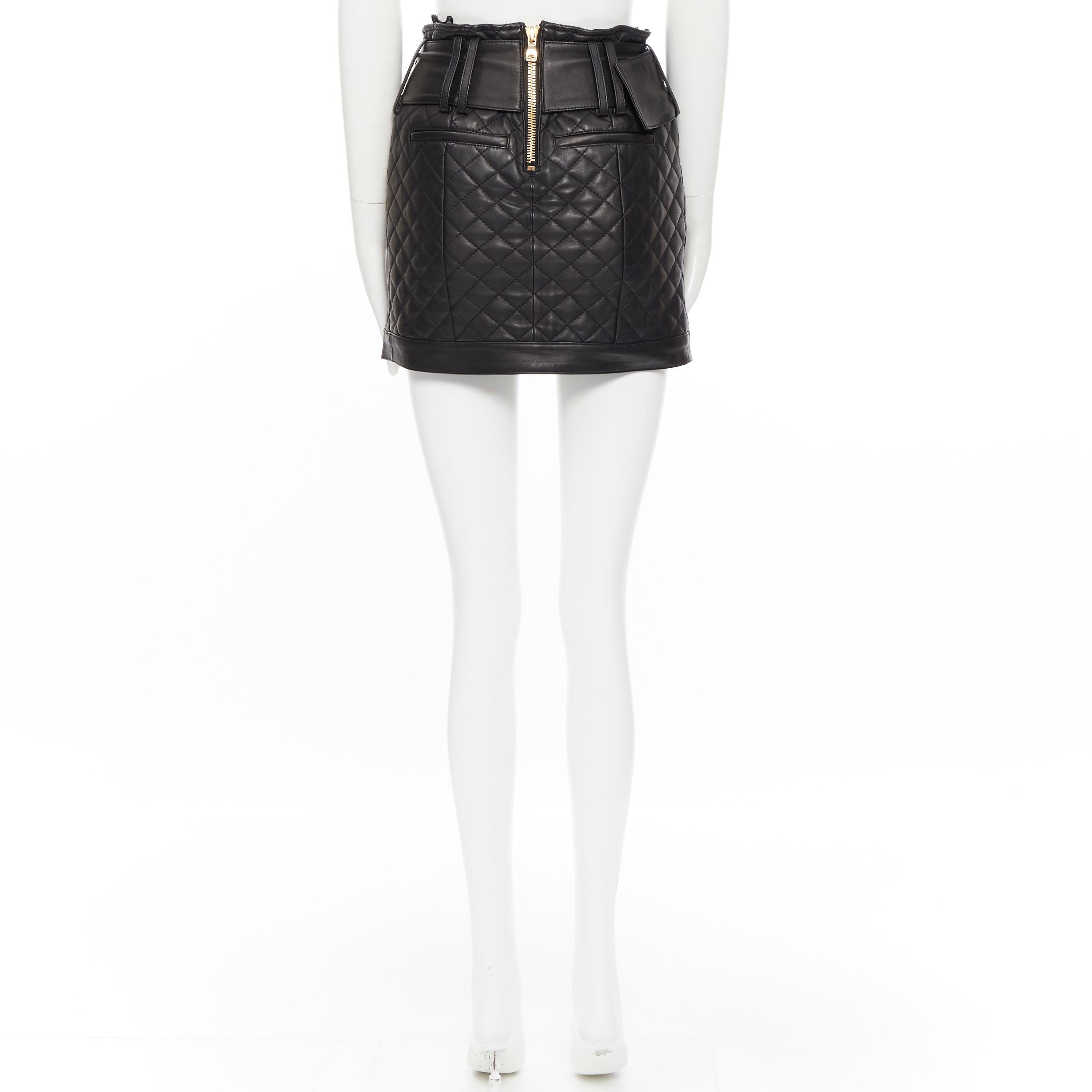 BALMAIN black quilted lamb leather gold large buckle military mini skirt FR34 XS In Excellent Condition In Hong Kong, NT