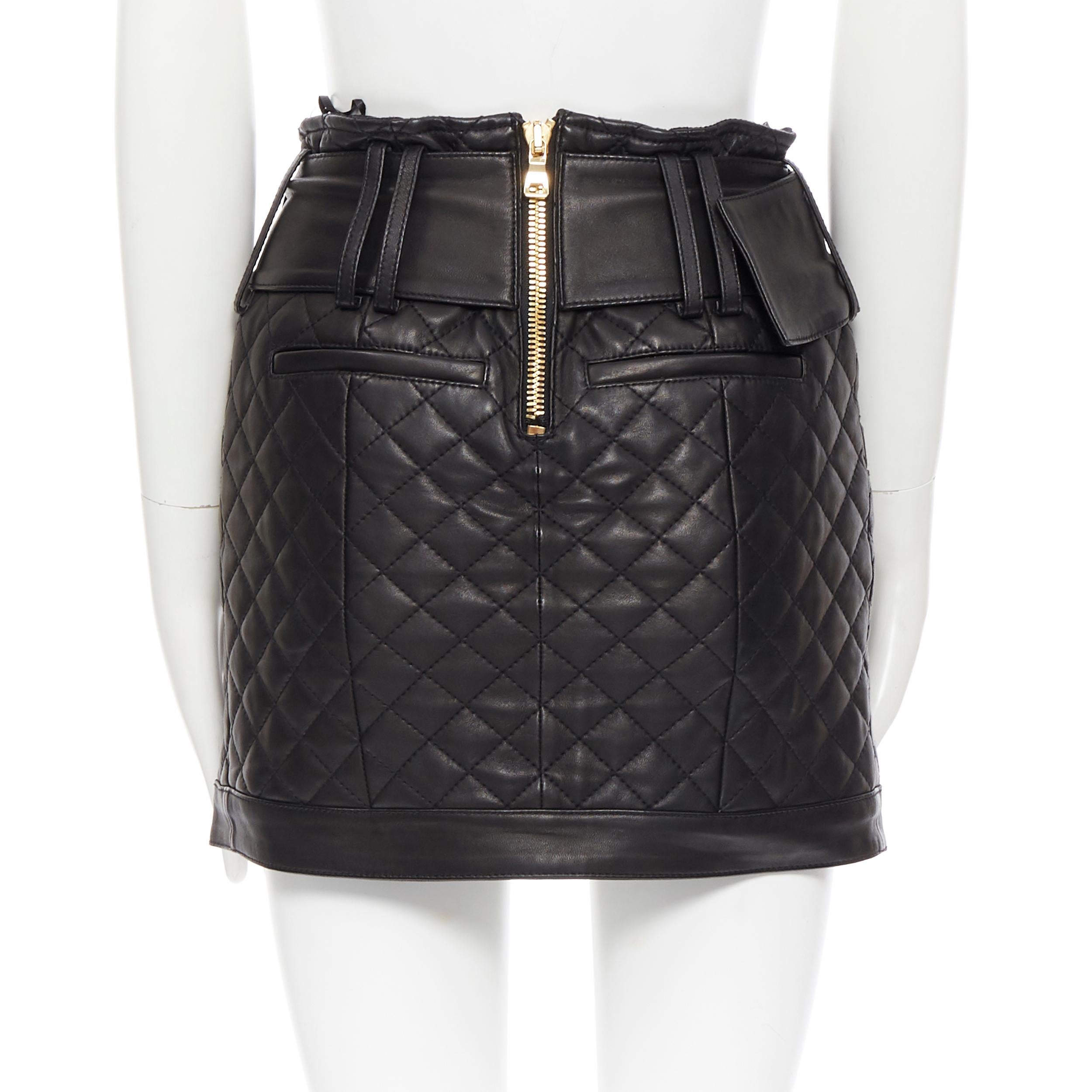 Women's BALMAIN black quilted lamb leather gold large buckle military mini skirt FR34 XS