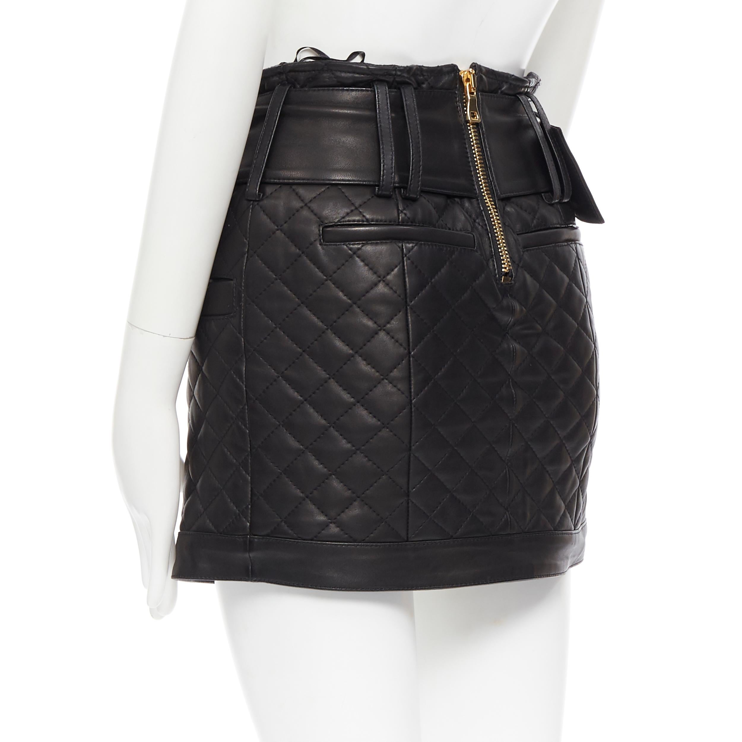 BALMAIN black quilted lamb leather gold large buckle military mini skirt FR34 XS 1