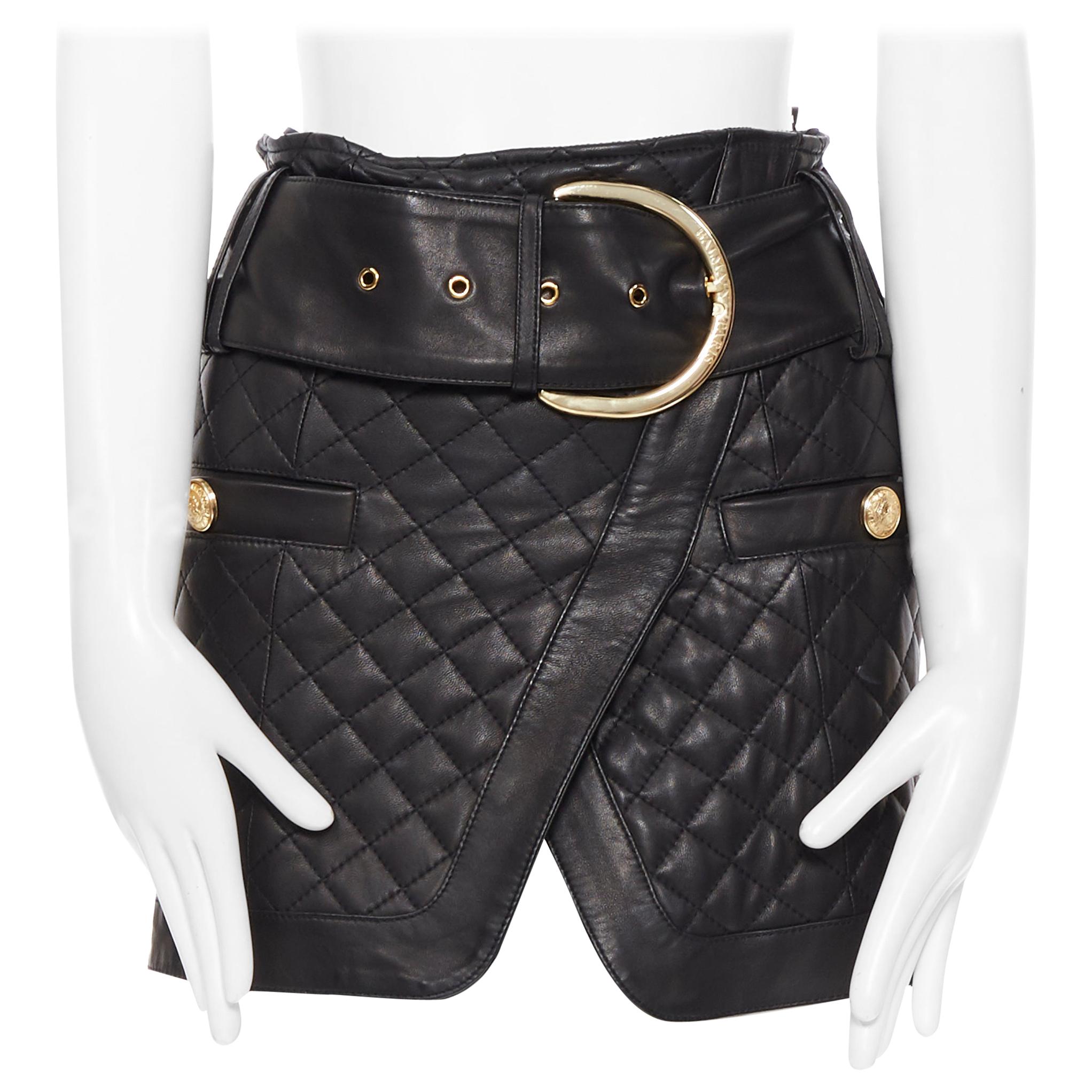 BALMAIN black quilted lamb leather gold large buckle military mini skirt FR34 XS