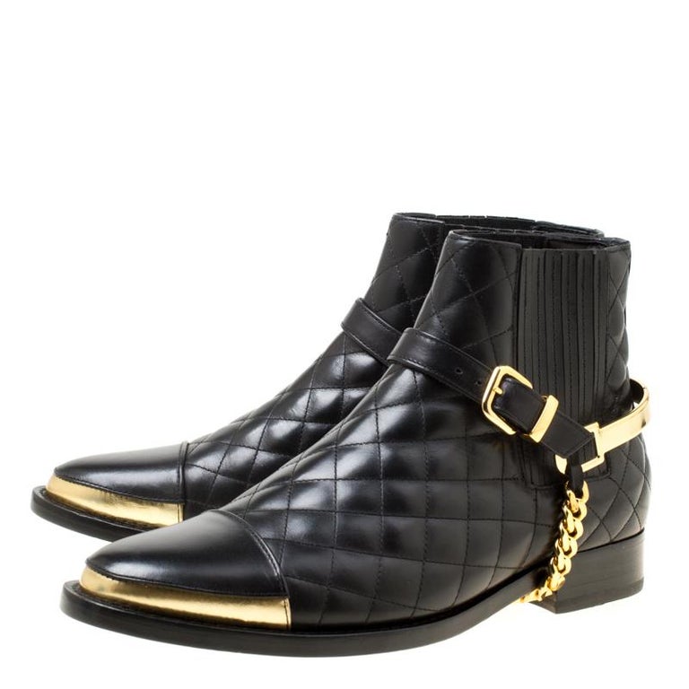 Balmain Black Quilted Leather Chain Embellished Ankle Boots Size 39 For  Sale at 1stDibs