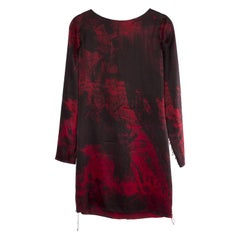 BALMAIN black & red silk FRAYED HEM Long Sleeve Cocktail Dress 36