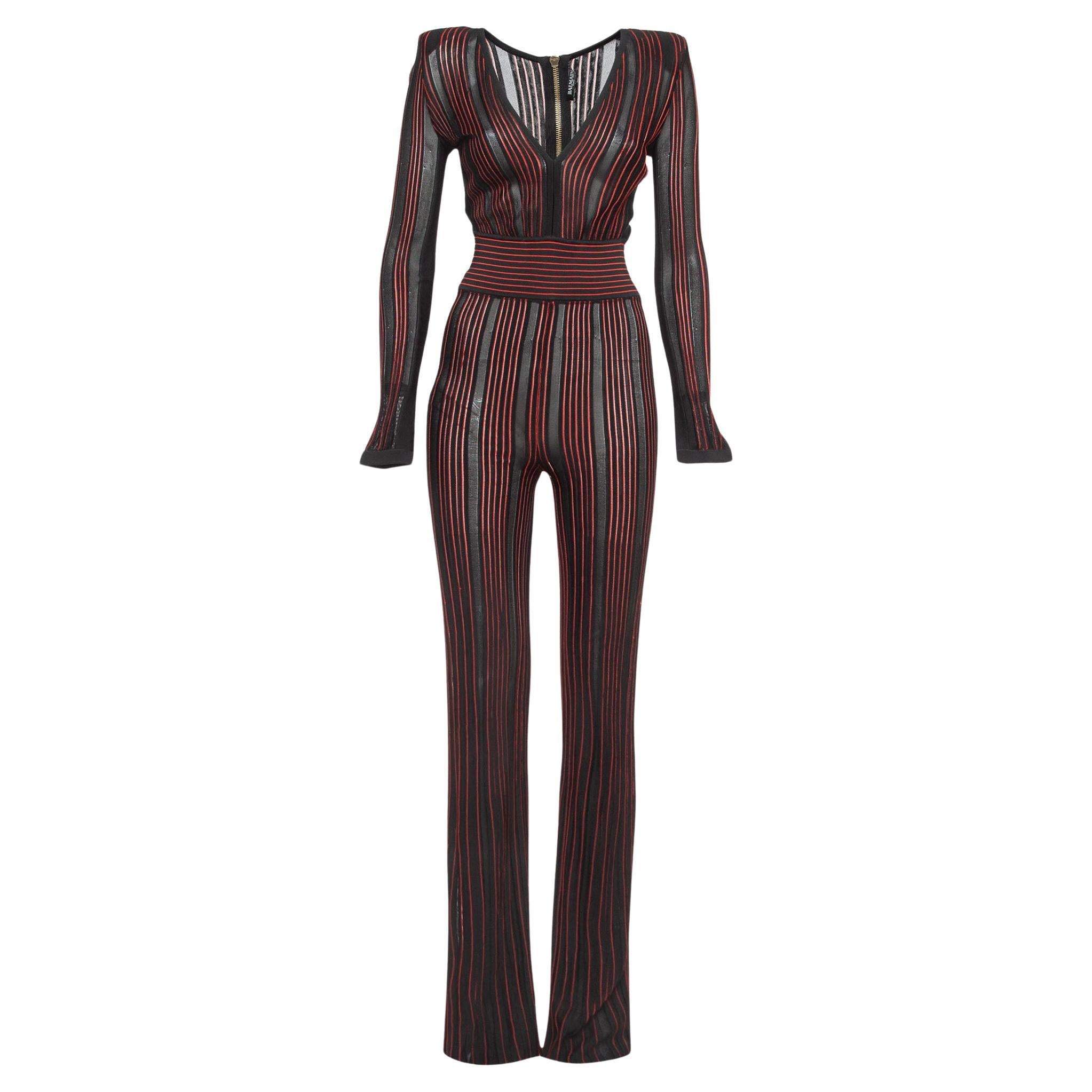Balmain Black/Red Striped Stretch Sheer Jumpsuit S For Sale