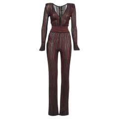 Balmain Black/Red Striped Stretch Sheer Jumpsuit S