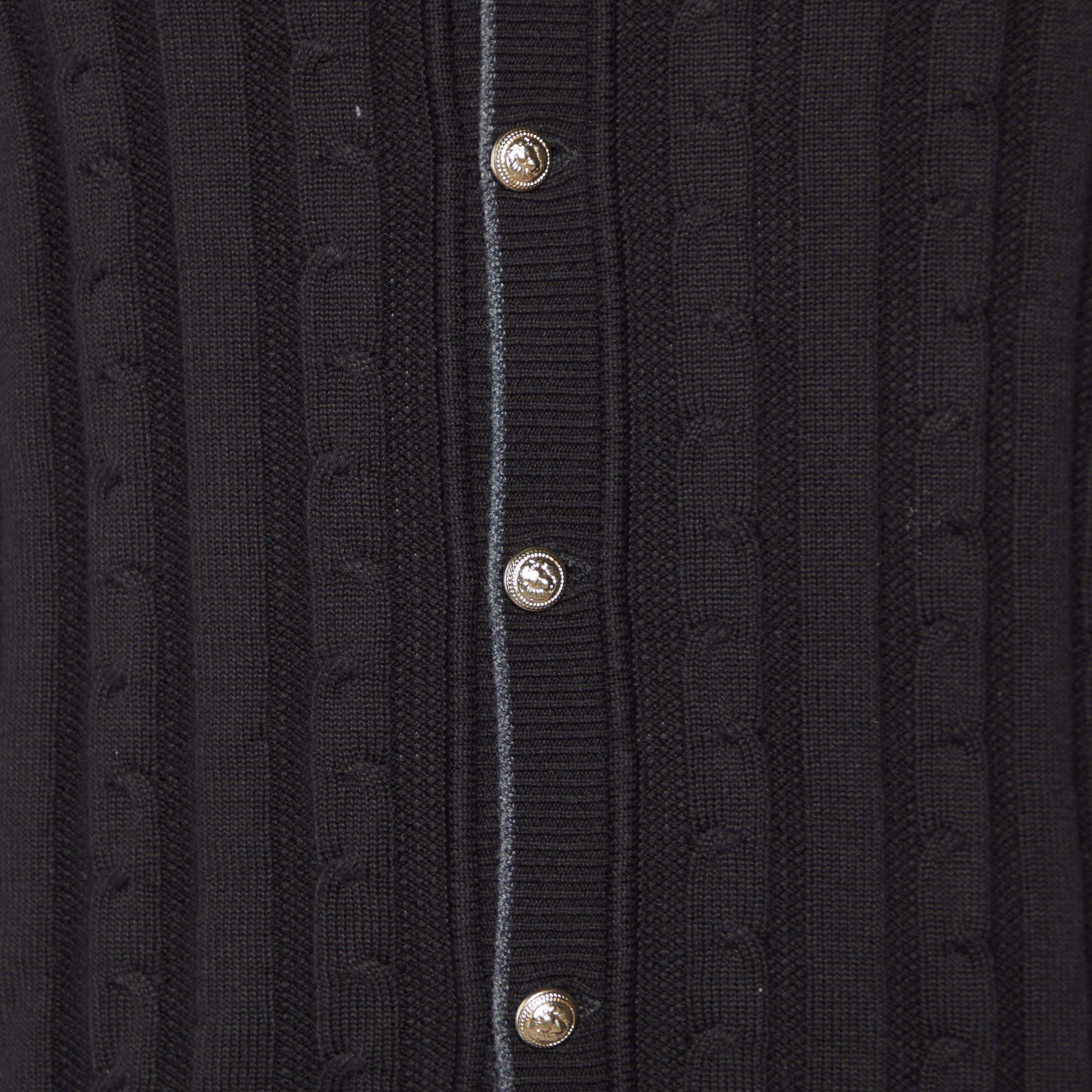 Balmain Black Ribbed Knit Button Front Cardigan M For Sale 1