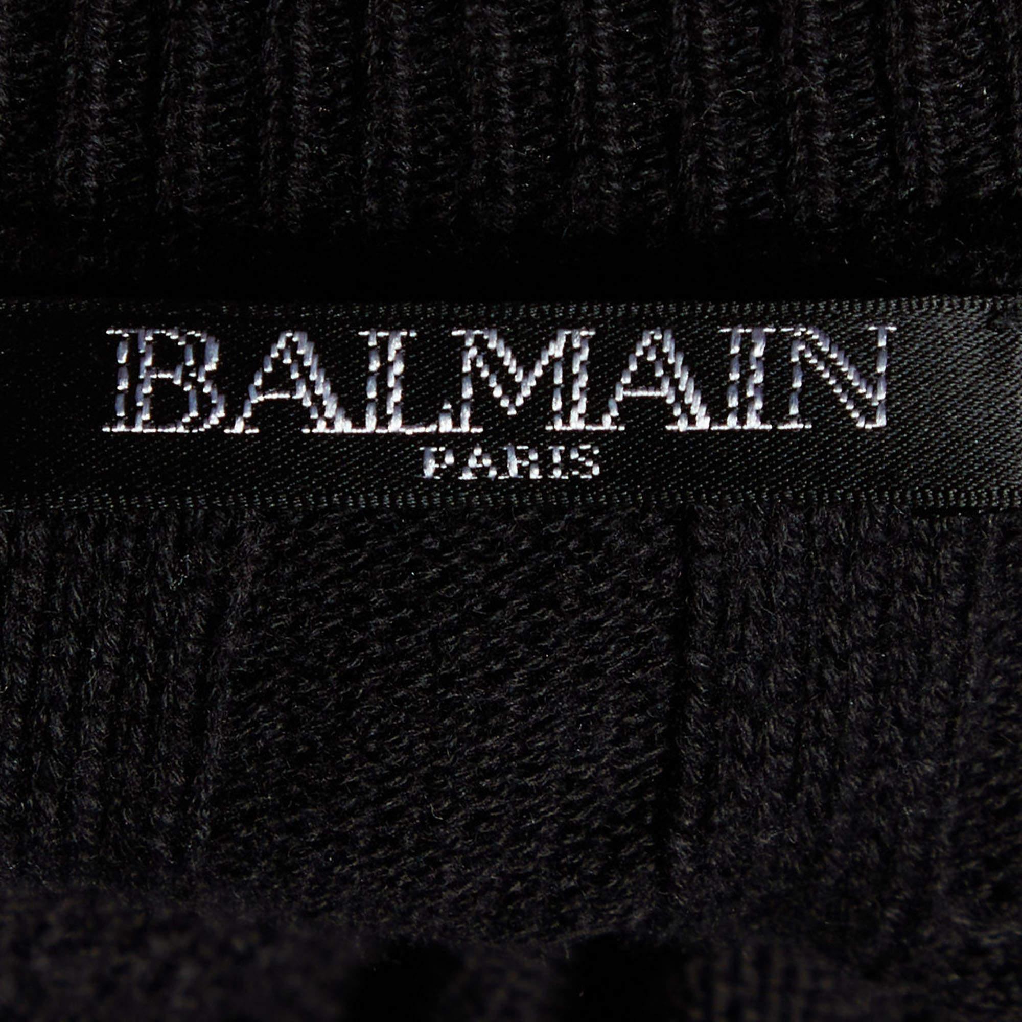 Balmain Black Ribbed Knit Button Front Cardigan M For Sale 2