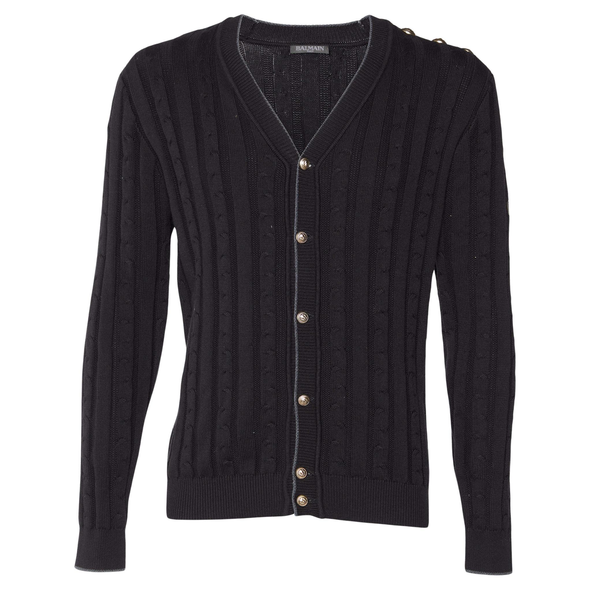 Balmain Black Ribbed Knit Button Front Cardigan M For Sale