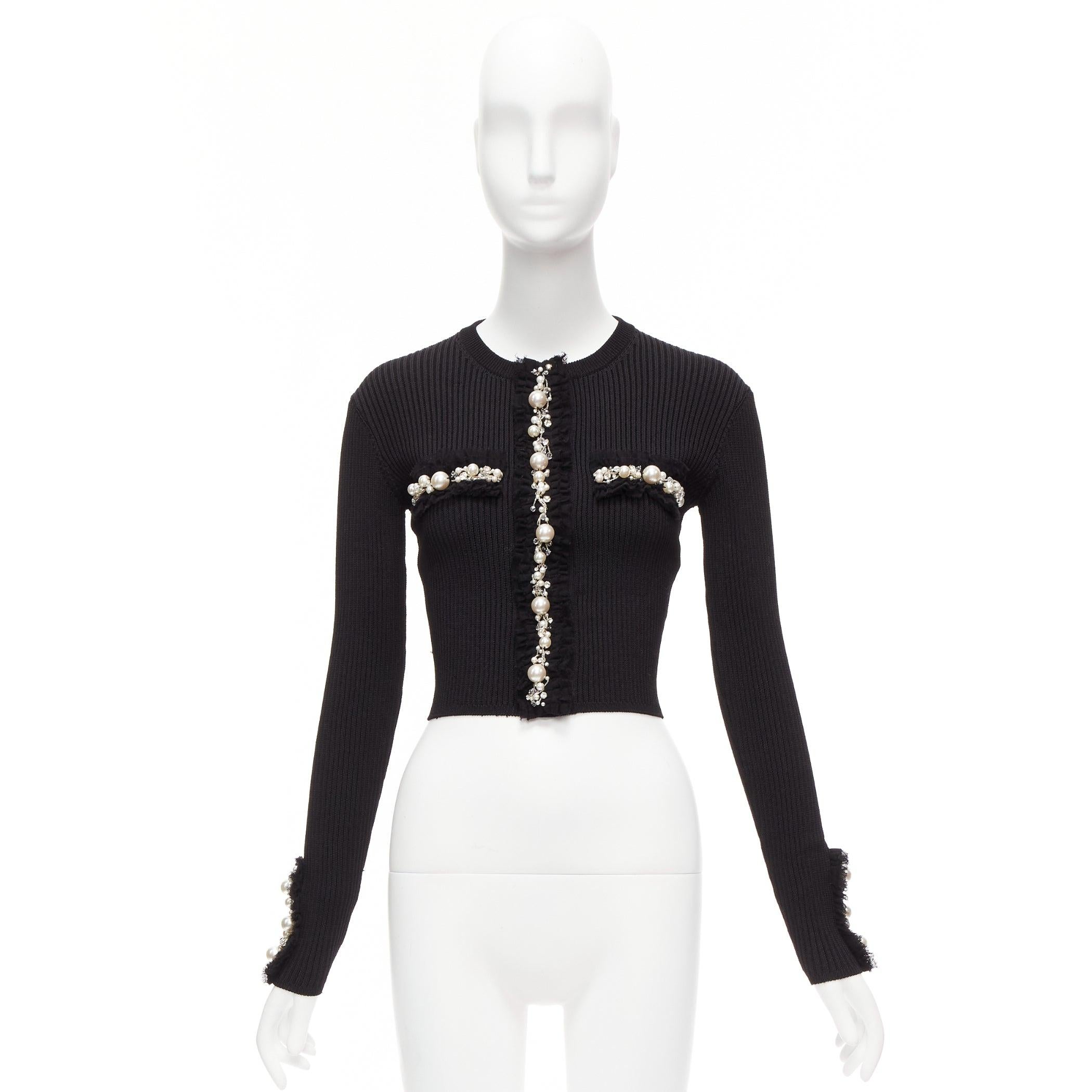 BALMAIN black ribbed pearl jewel crystal embellished cropped cardigan FR36 XS For Sale 6