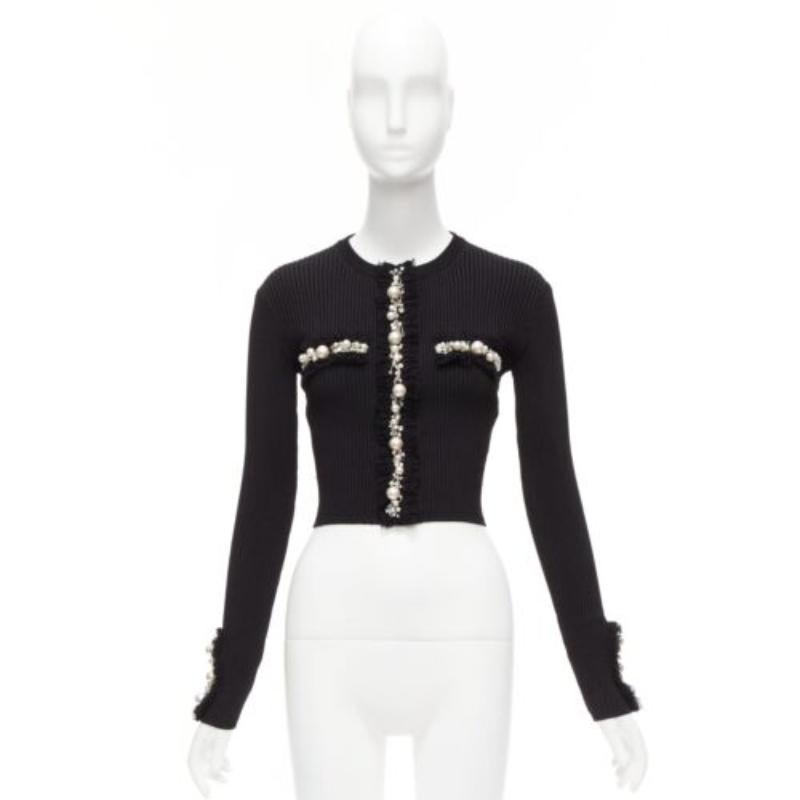 BALMAIN black ribbed pearl jewel crystal embellished cropped cardigan FR36 XS 5