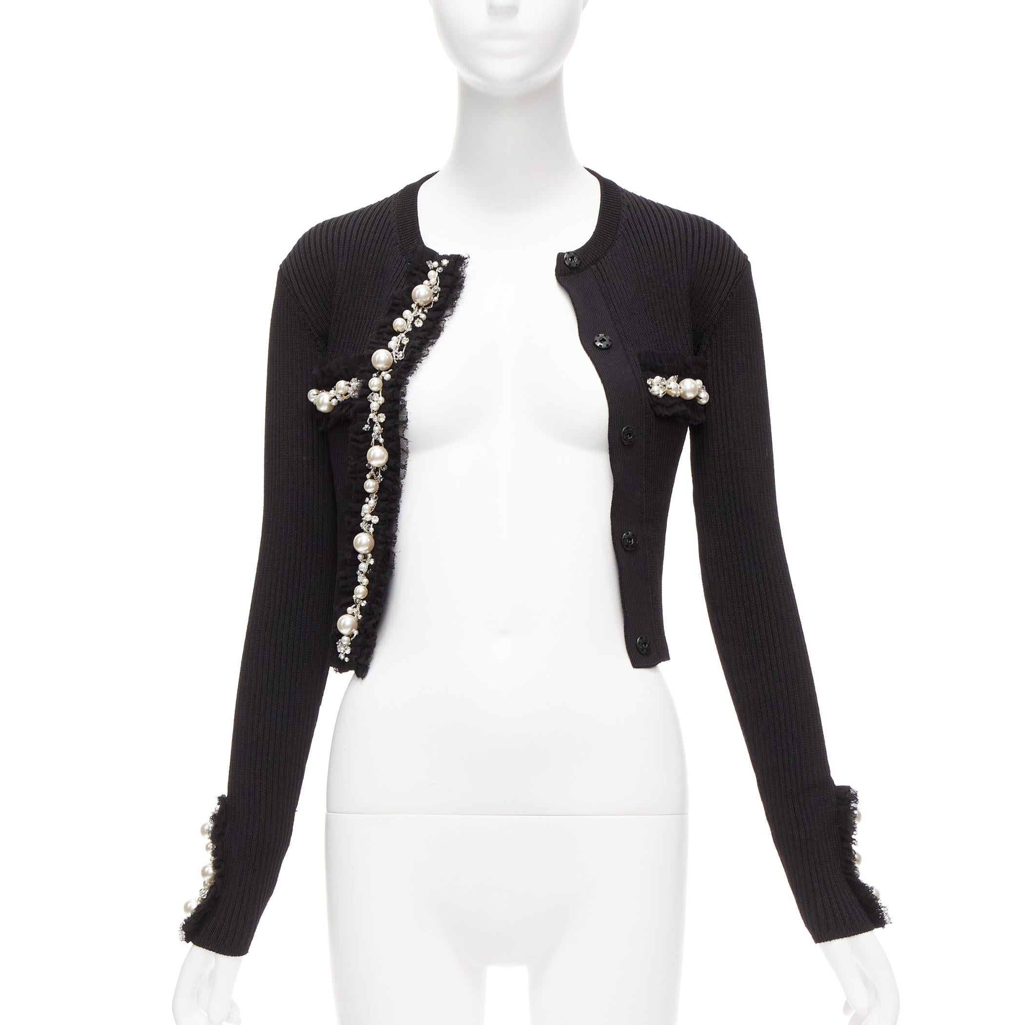 BALMAIN black ribbed pearl jewel crystal embellished cropped cardigan FR36 XS In Excellent Condition For Sale In Hong Kong, NT