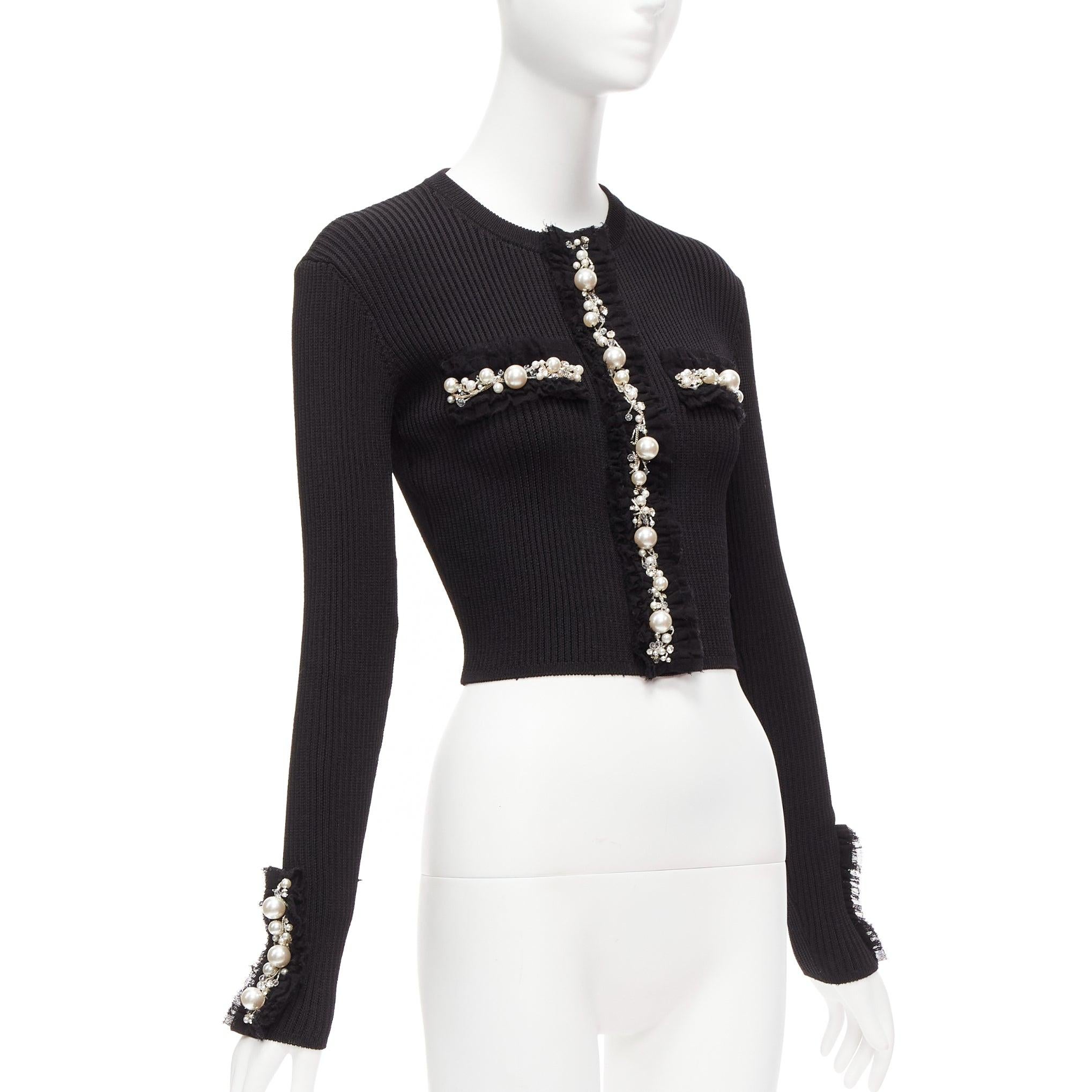 Women's BALMAIN black ribbed pearl jewel crystal embellished cropped cardigan FR36 XS For Sale