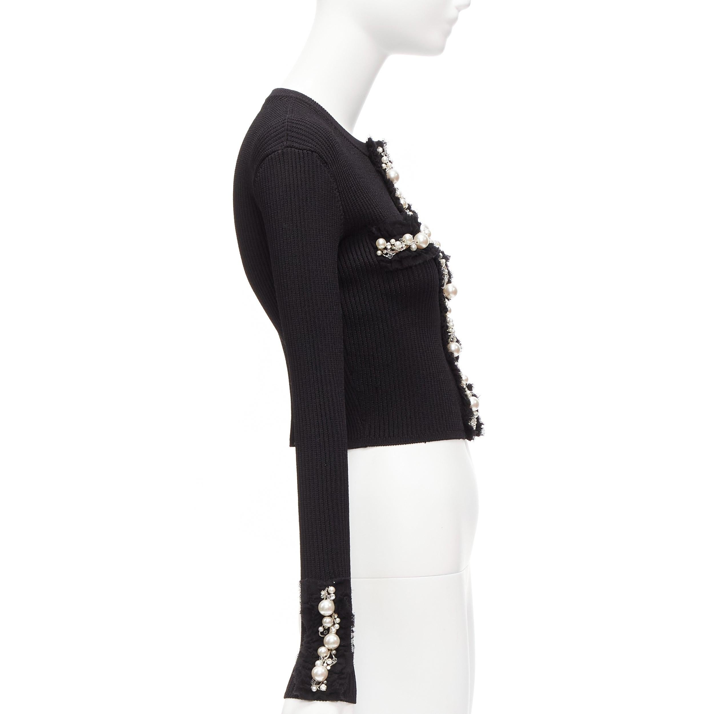 BALMAIN black ribbed pearl jewel crystal embellished cropped cardigan FR36 XS For Sale 1