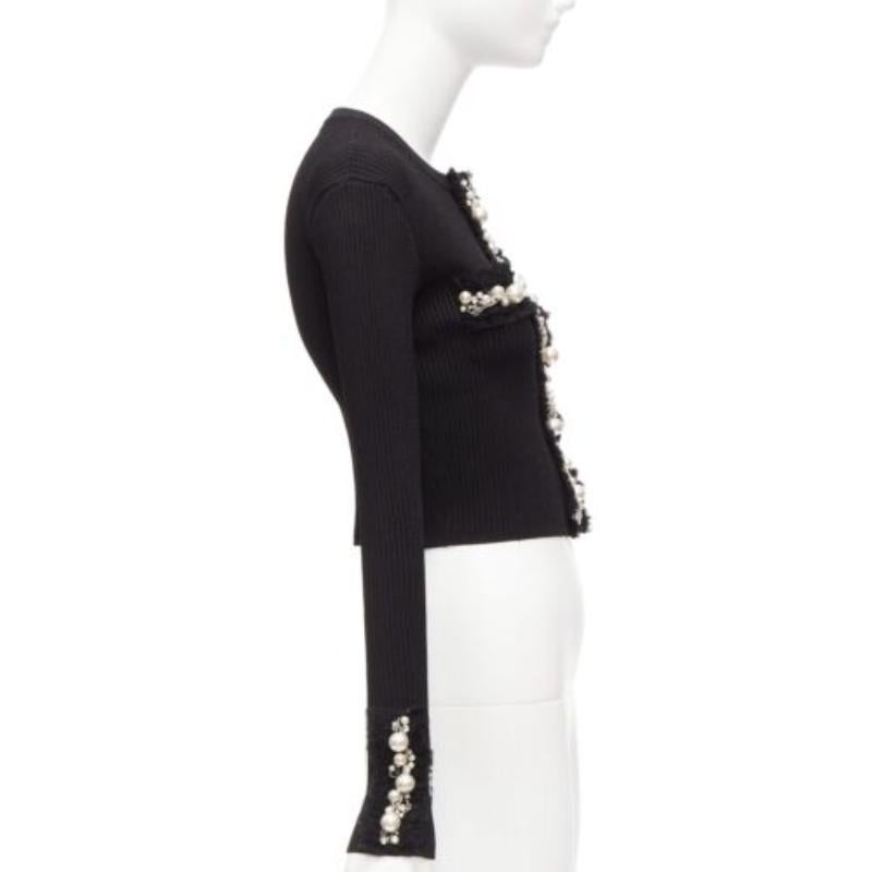 Women's BALMAIN black ribbed pearl jewel crystal embellished cropped cardigan FR36 XS