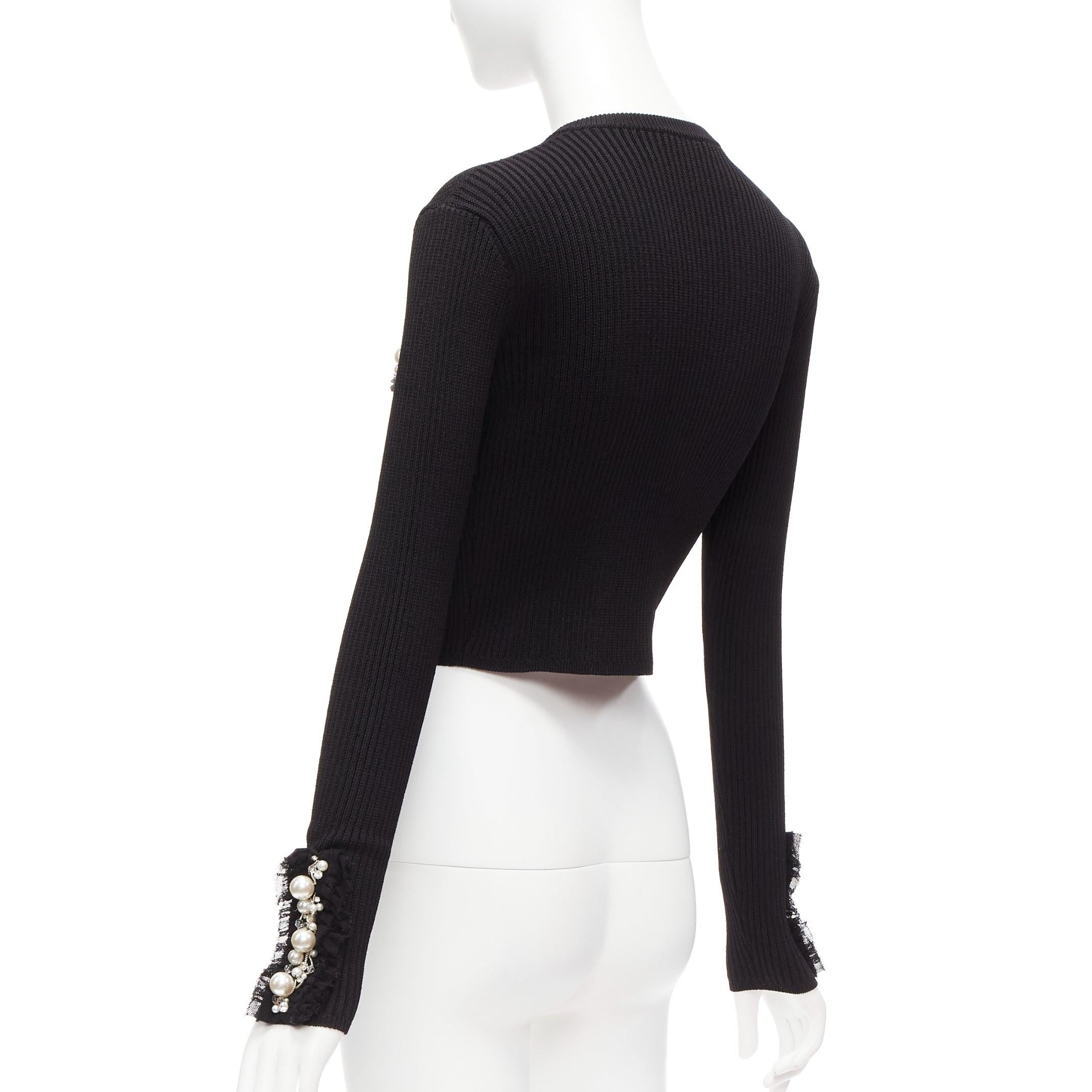 BALMAIN black ribbed pearl jewel crystal embellished cropped cardigan FR36 XS For Sale 3