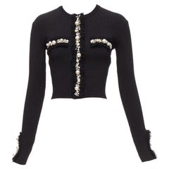BALMAIN black ribbed pearl jewel crystal embellished cropped cardigan FR36 XS