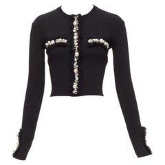 BALMAIN black ribbed pearl jewel crystal embellished cropped cardigan FR36 XS