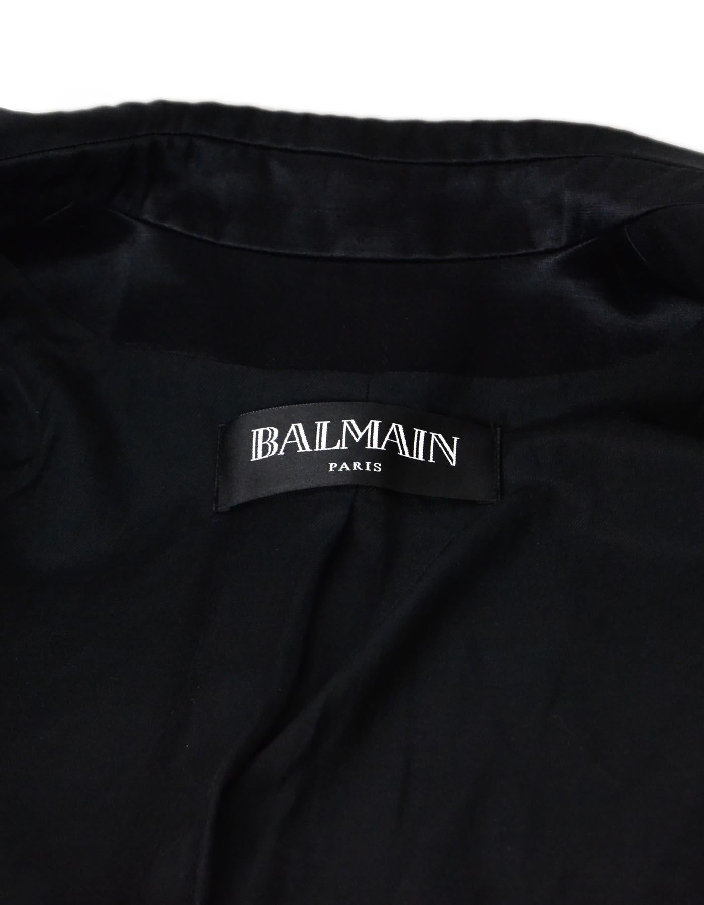 Balmain Black Satin Double Breasted Jacket W/ Goldtone Lion Buttons Sz 42 In Excellent Condition In New York, NY