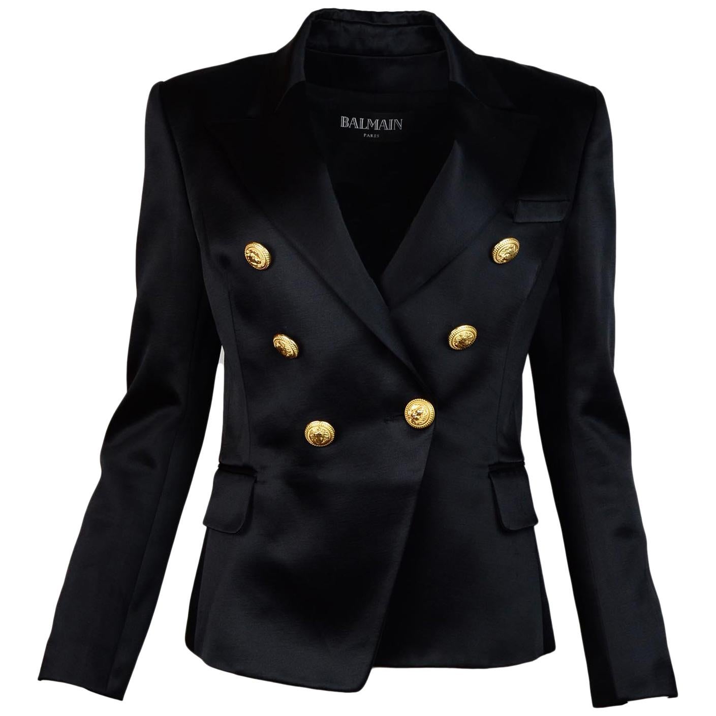 Balmain Black Satin Double Breasted Jacket W/ Goldtone Lion Buttons Sz 42