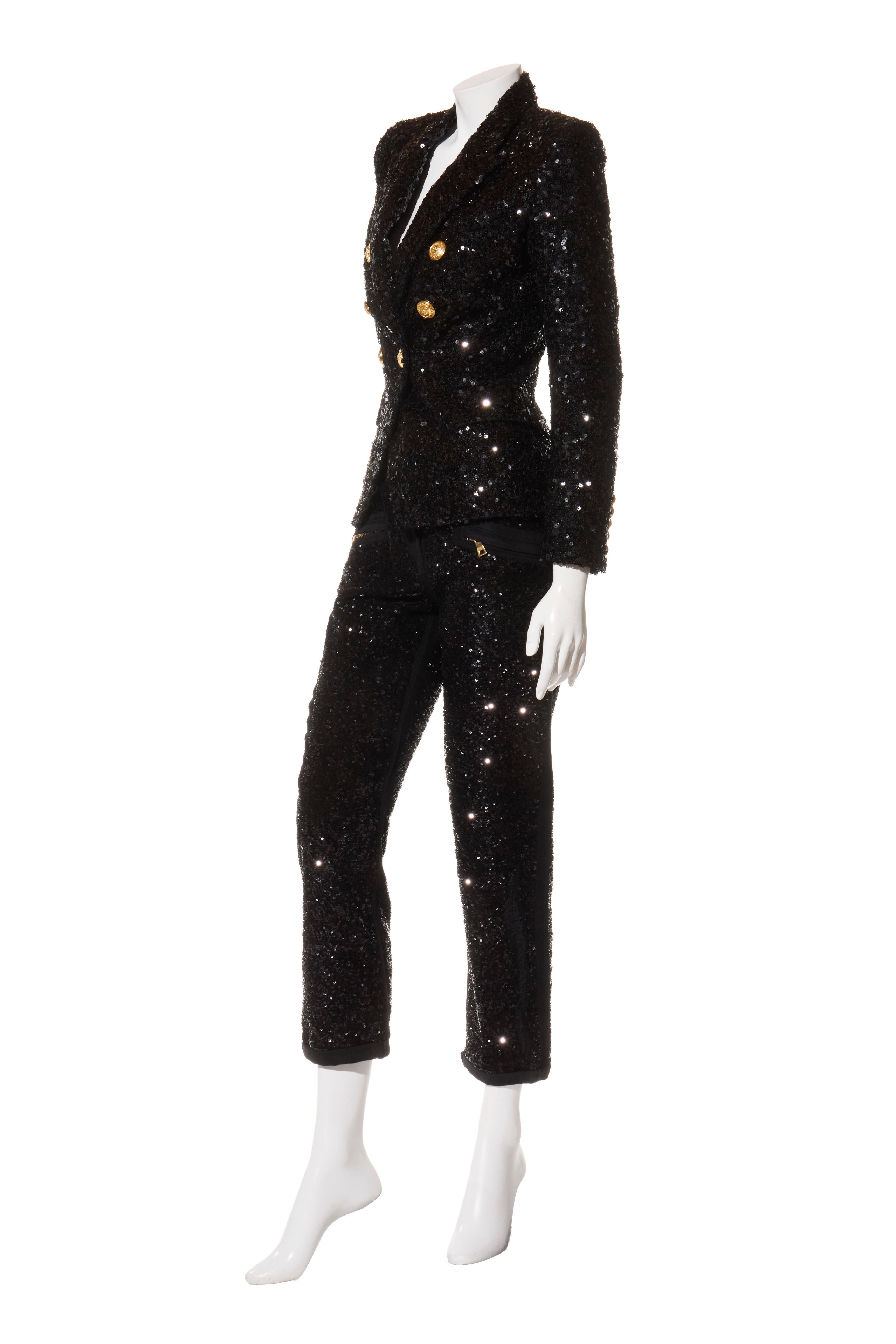 Nero Balmain - Blazer doppiopetto con paillettes e pantaloni abbinati - FR 38 in vendita