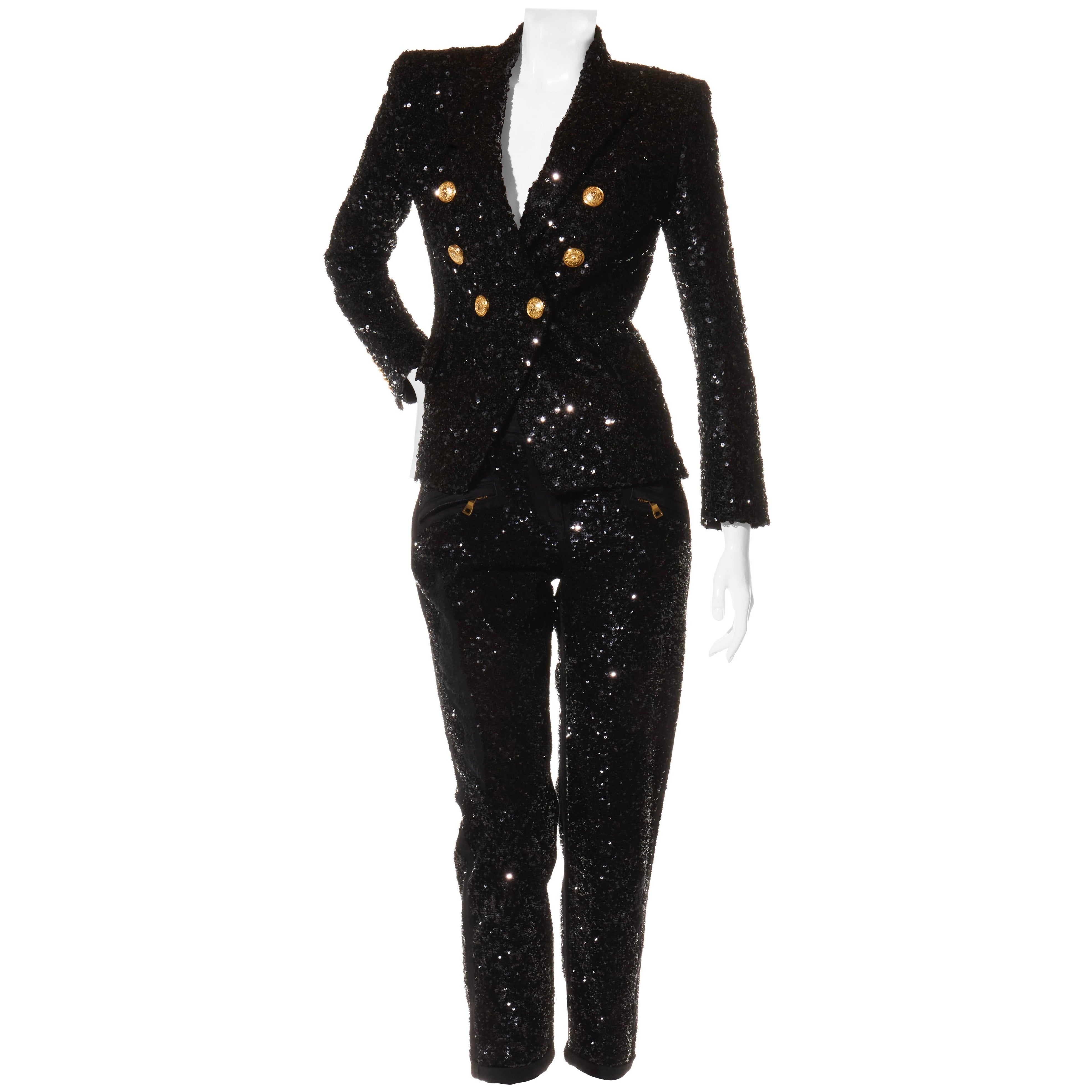 Balmain - Blazer doppiopetto con paillettes e pantaloni abbinati - FR 38 in vendita