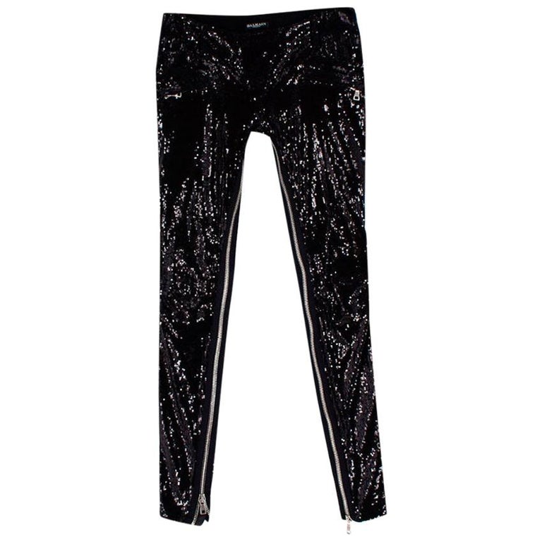Balmain Black Sequin Skinny Fit Zipper Detail Trousers - Size US 4 For Sale  at 1stDibs